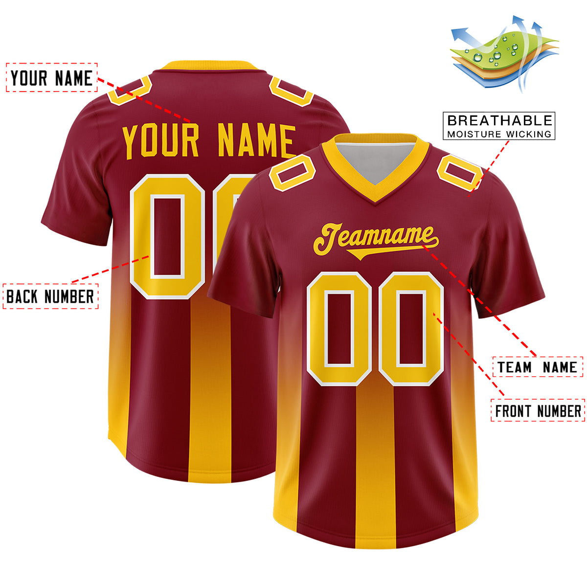 Custom Cardinal Yellow Vertical Width Stripe Gradient Fashion Personalized Team Football Jersey