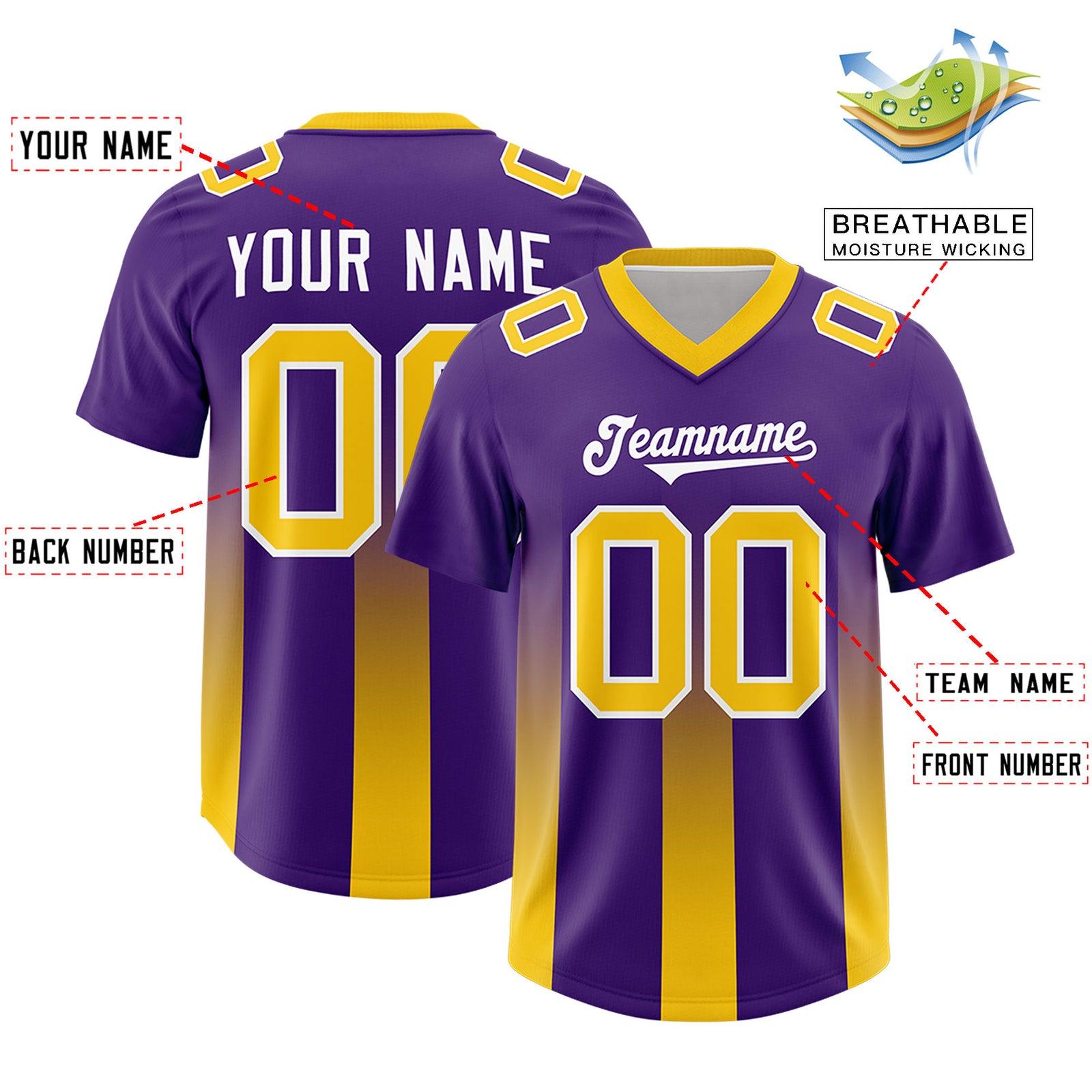 Custom Purple Yellow Vertical Width Stripe Gradient Fashion Personalized Team Football Jersey