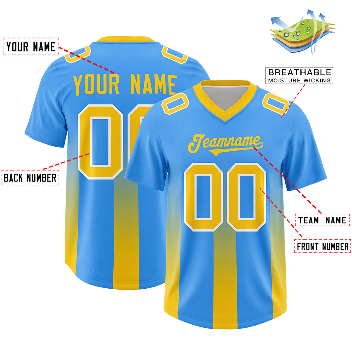 Custom Light Blue Yellow Vertical Width Stripe Gradient Fashion Personalized Team Football Jersey