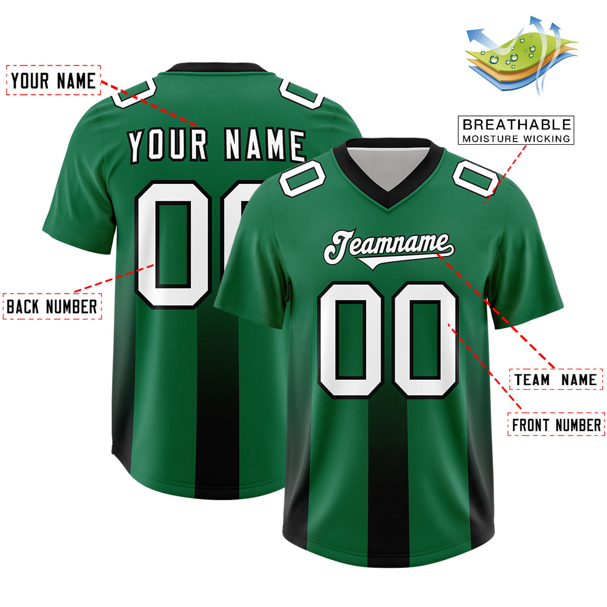 Custom Kelly Green Black Vertical Width Stripe Gradient Fashion Personalized Team Football Jersey