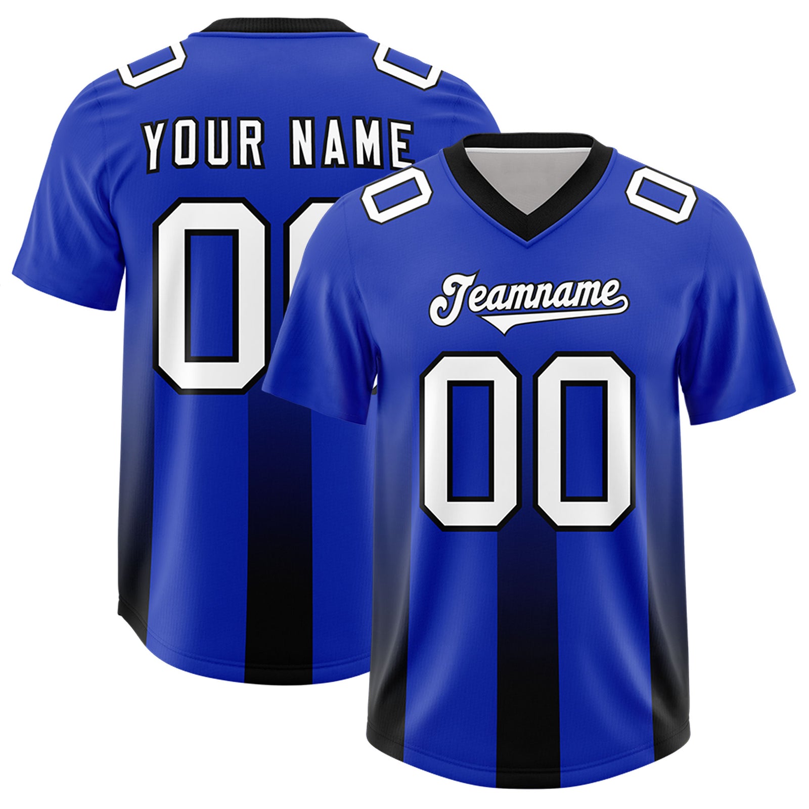 Custom Royal Black Vertical Width Stripe Gradient Fashion Personalized Team Football Jersey