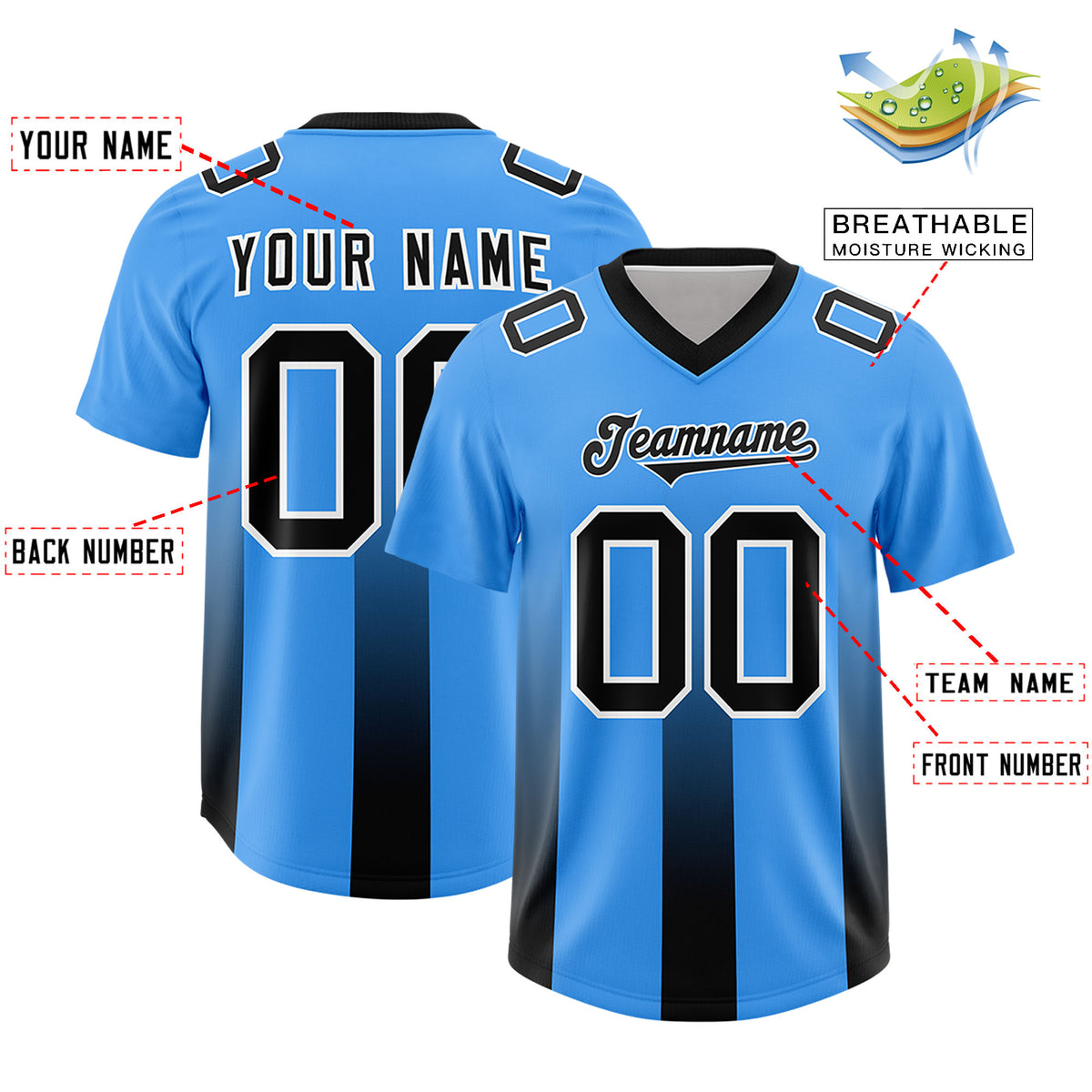 Custom Light Blue Black Vertical Width Stripe Gradient Fashion Personalized Team Football Jersey