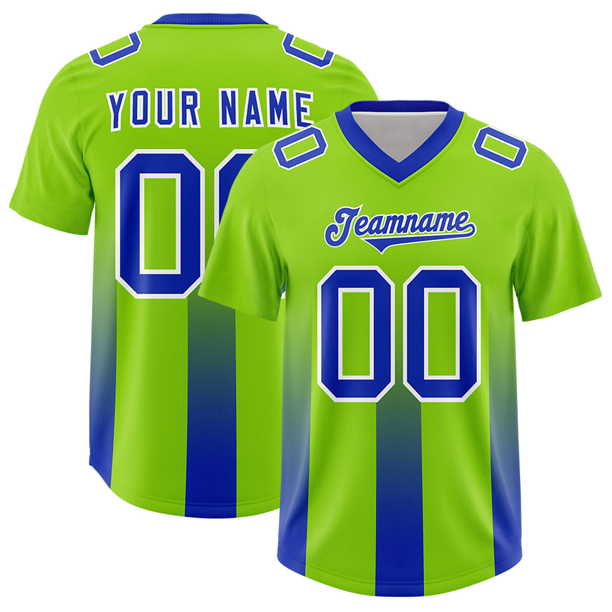 Custom Neon Green Royal Vertical Width Stripe Gradient Fashion Personalized Team Football Jersey