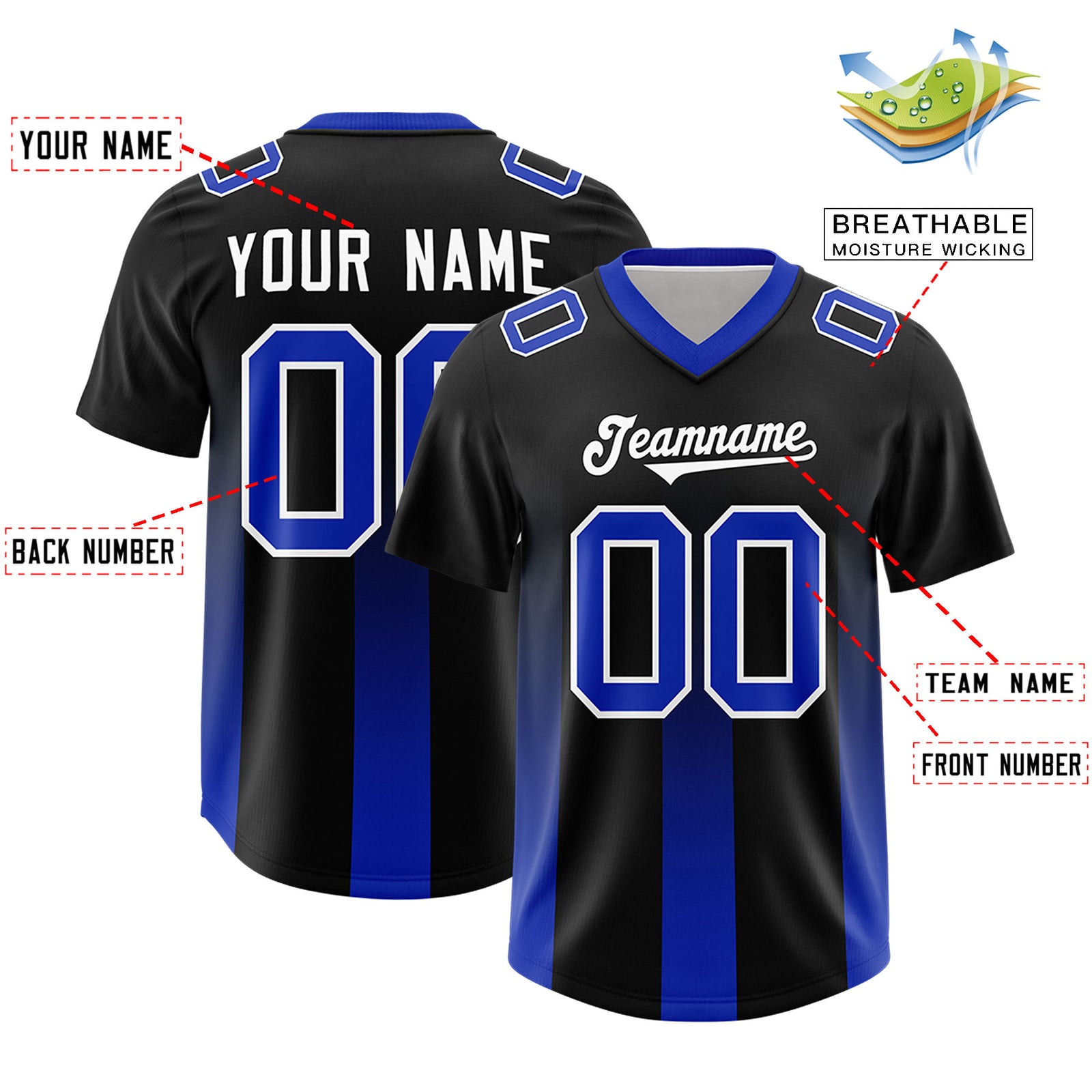 Custom Black Royal Vertical Width Stripe Gradient Fashion Personalized Team Football Jersey