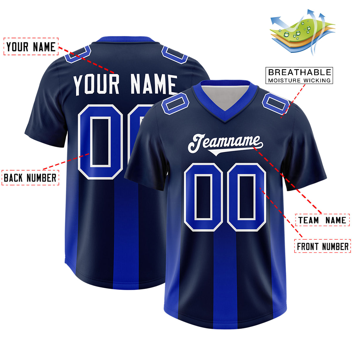 Custom Navy Royal Vertical Width Stripe Gradient Fashion Personalized Team Football Jersey
