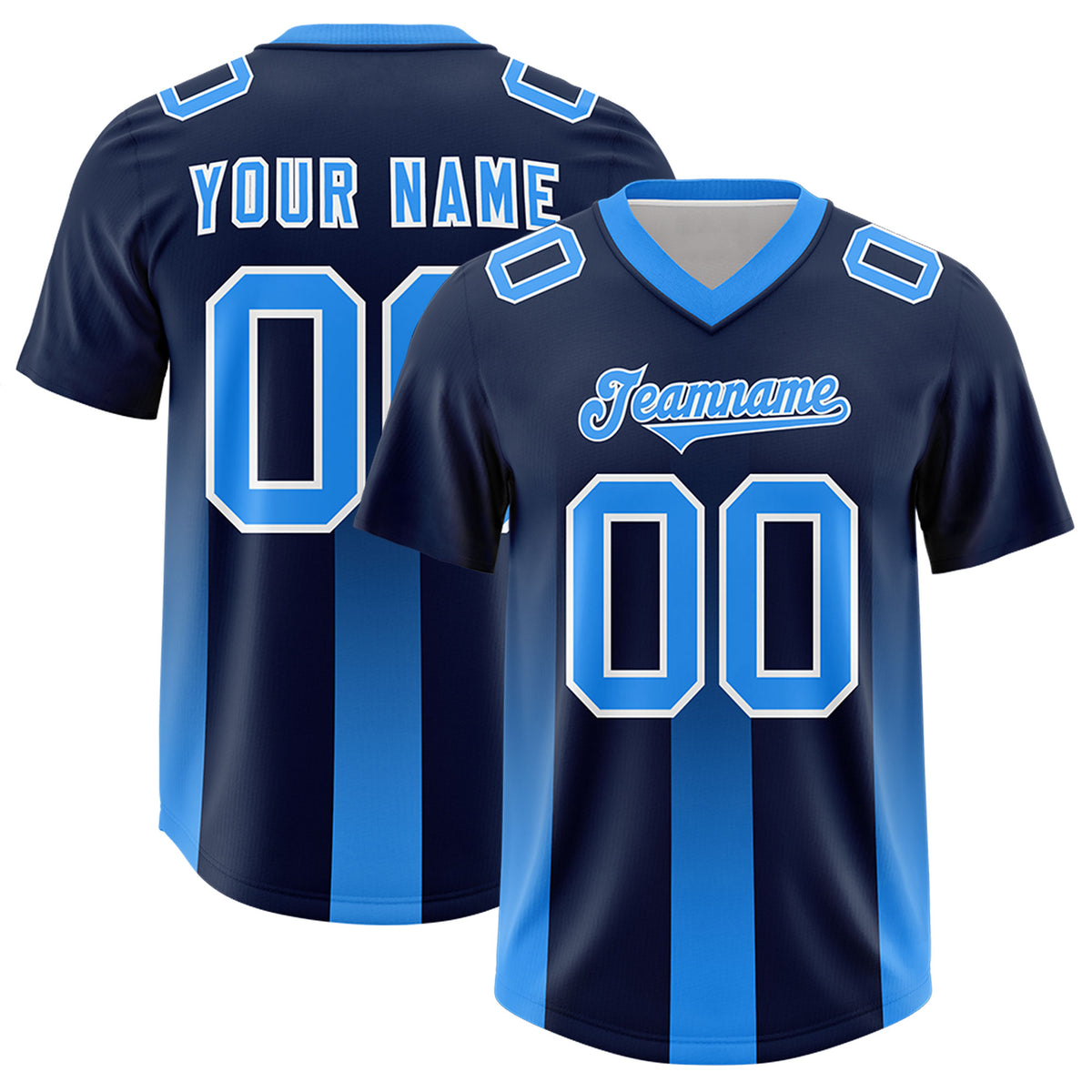 Custom Navy Light Blue Vertical Width Stripe Gradient Fashion Personalized Team Football Jersey