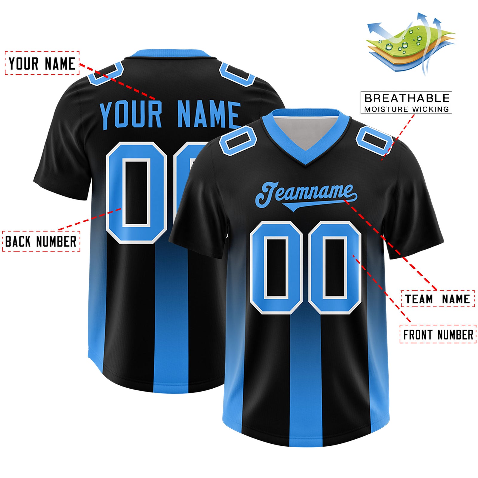 Custom Black Light Blue Vertical Width Stripe Gradient Fashion Personalized Team Football Jersey