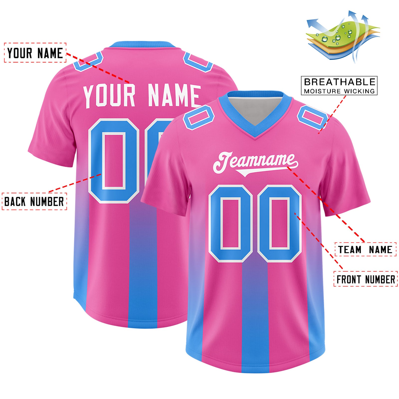Custom Pink Light Blue Vertical Width Stripe Gradient Fashion Personalized Team Football Jersey
