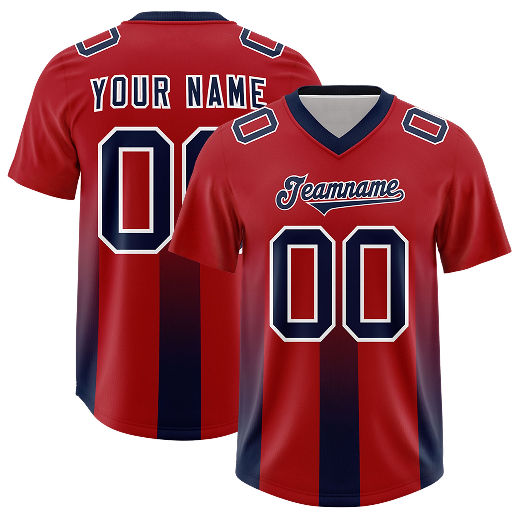 Custom Red Navy Vertical Width Stripe Gradient Fashion Personalized Team Football Jersey