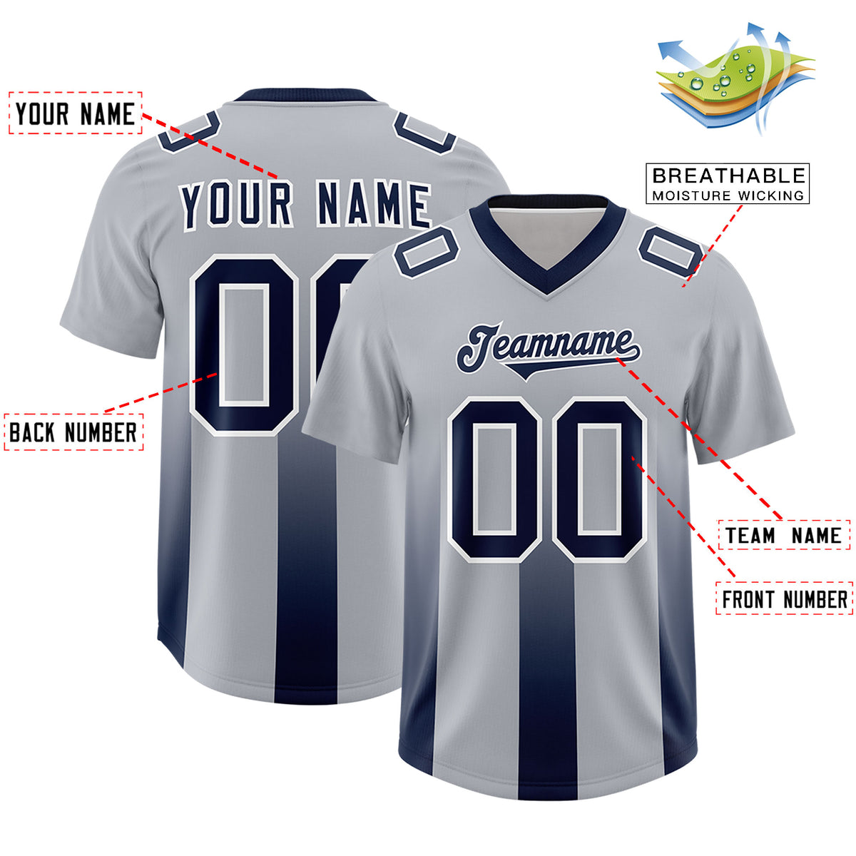 Custom Gray Navy Vertical Width Stripe Gradient Fashion Personalized Team Football Jersey