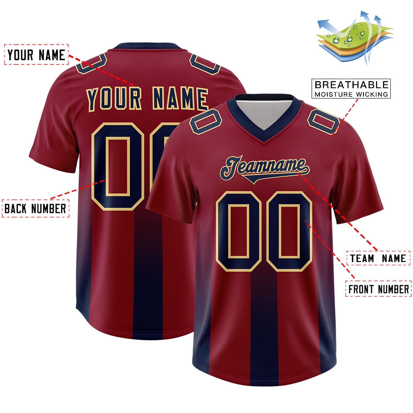 Custom Cardinal Navy Vertical Width Stripe Gradient Fashion Personalized Team Football Jersey