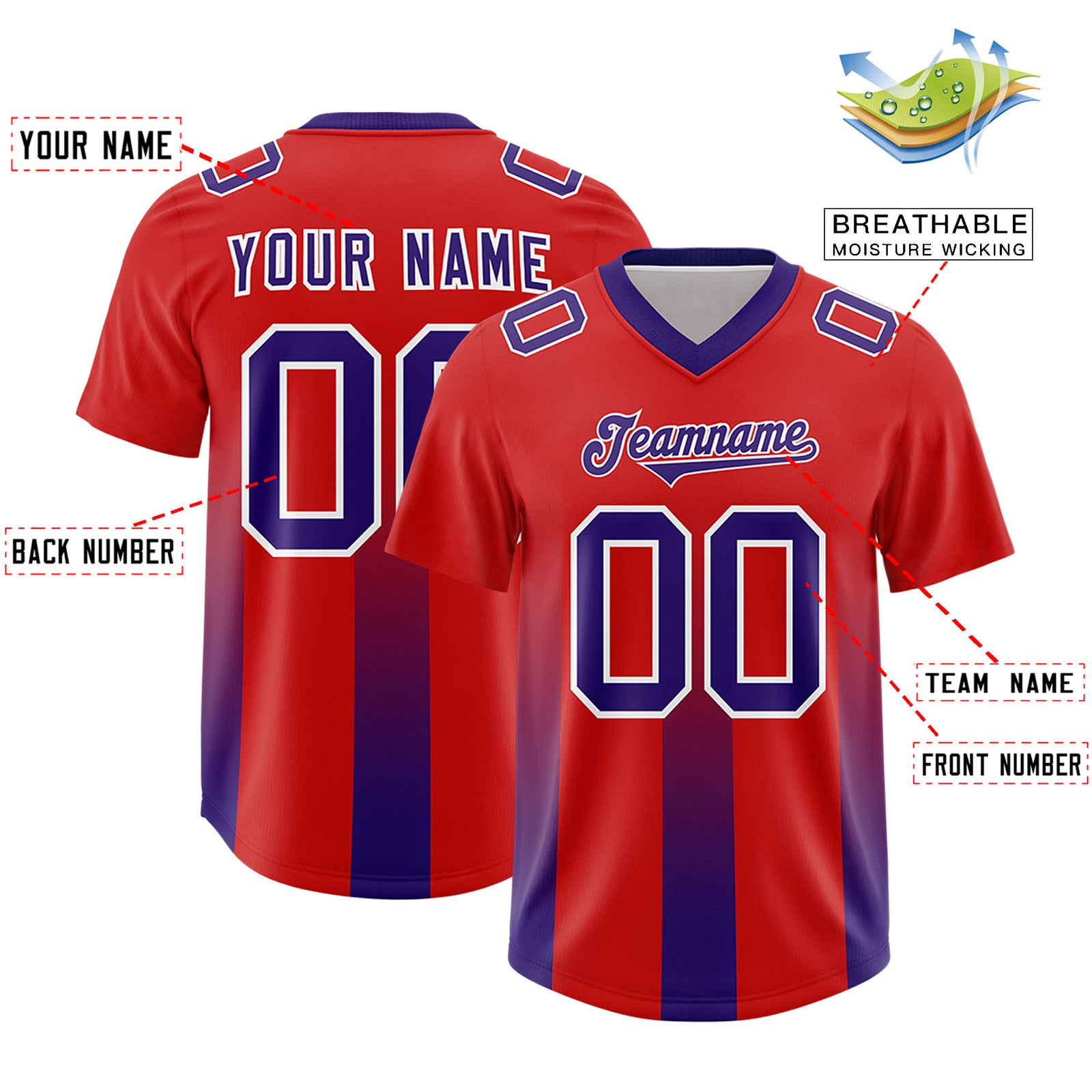 Custom Red Purple Vertical Width Stripe Gradient Fashion Personalized Team Football Jersey