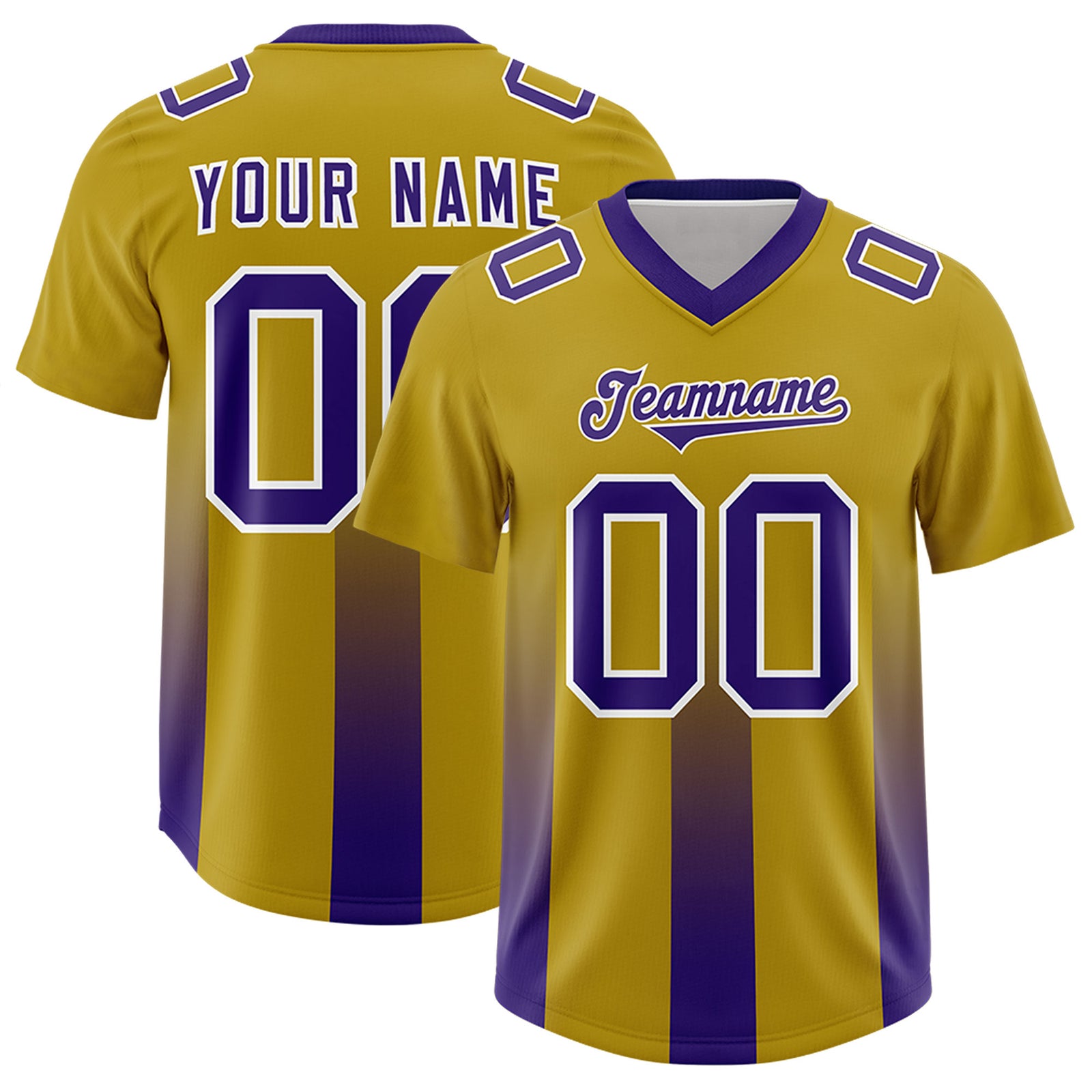 Custom Old Gold Purple Vertical Width Stripe Gradient Fashion Personalized Team Football Jersey
