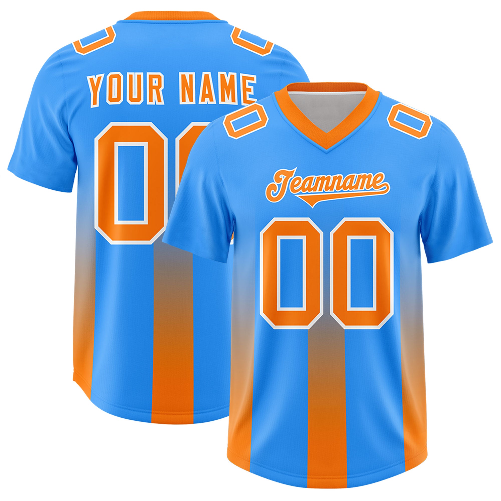 Custom Light Blue Orange Vertical Width Stripe Gradient Fashion Personalized Team Football Jersey