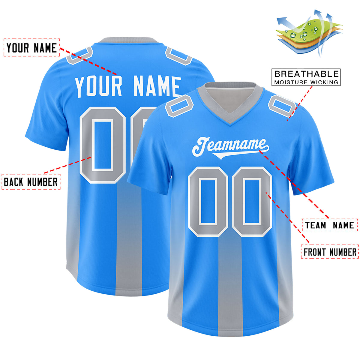Custom Light Blue Gray Vertical Width Stripe Gradient Fashion Personalized Team Football Jersey