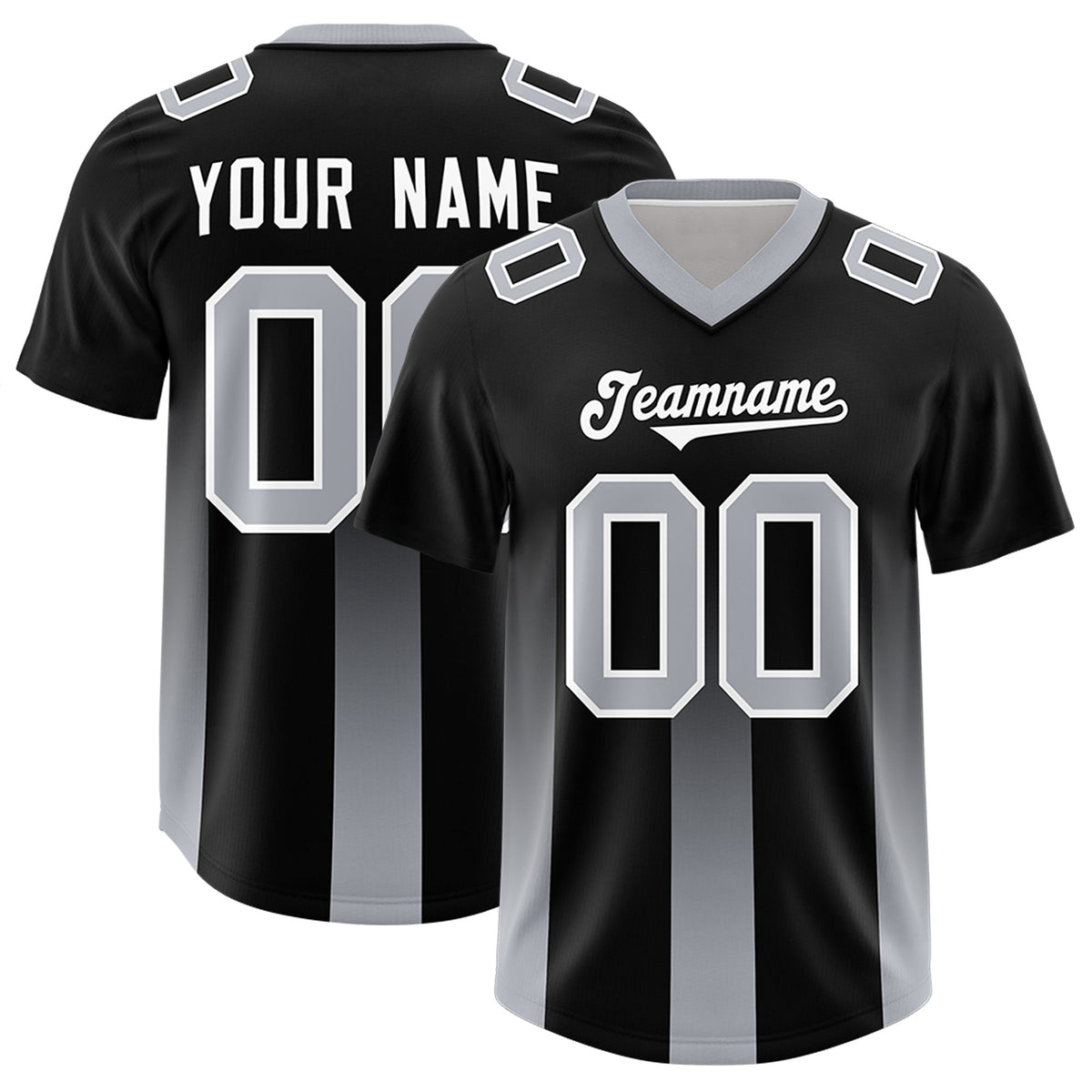 Custom Black Gray Vertical Width Stripe Gradient Fashion Personalized Team Football Jersey