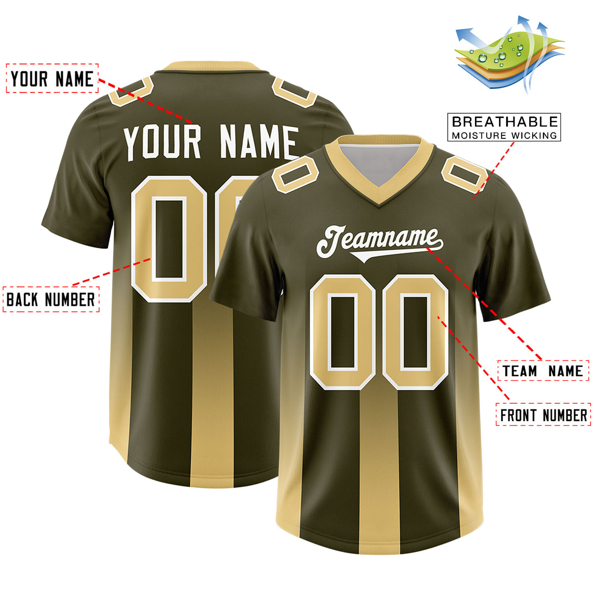 Custom Olive Khaki Vertical Width Stripe Gradient Fashion Personalized Team Football Jersey
