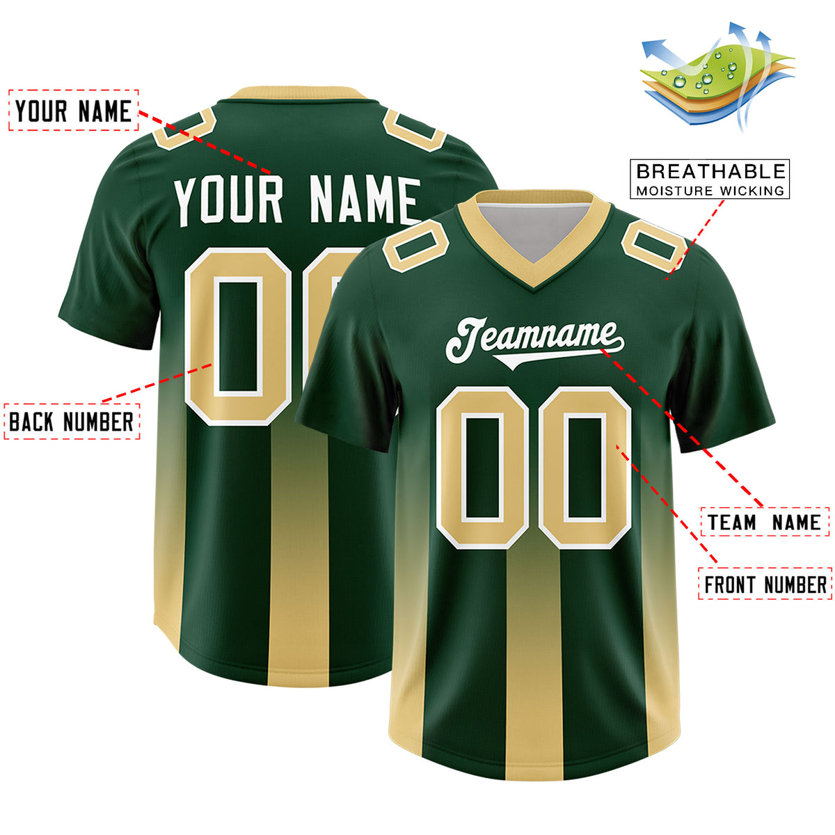 Custom Green Khaki Vertical Width Stripe Gradient Fashion Personalized Team Football Jersey