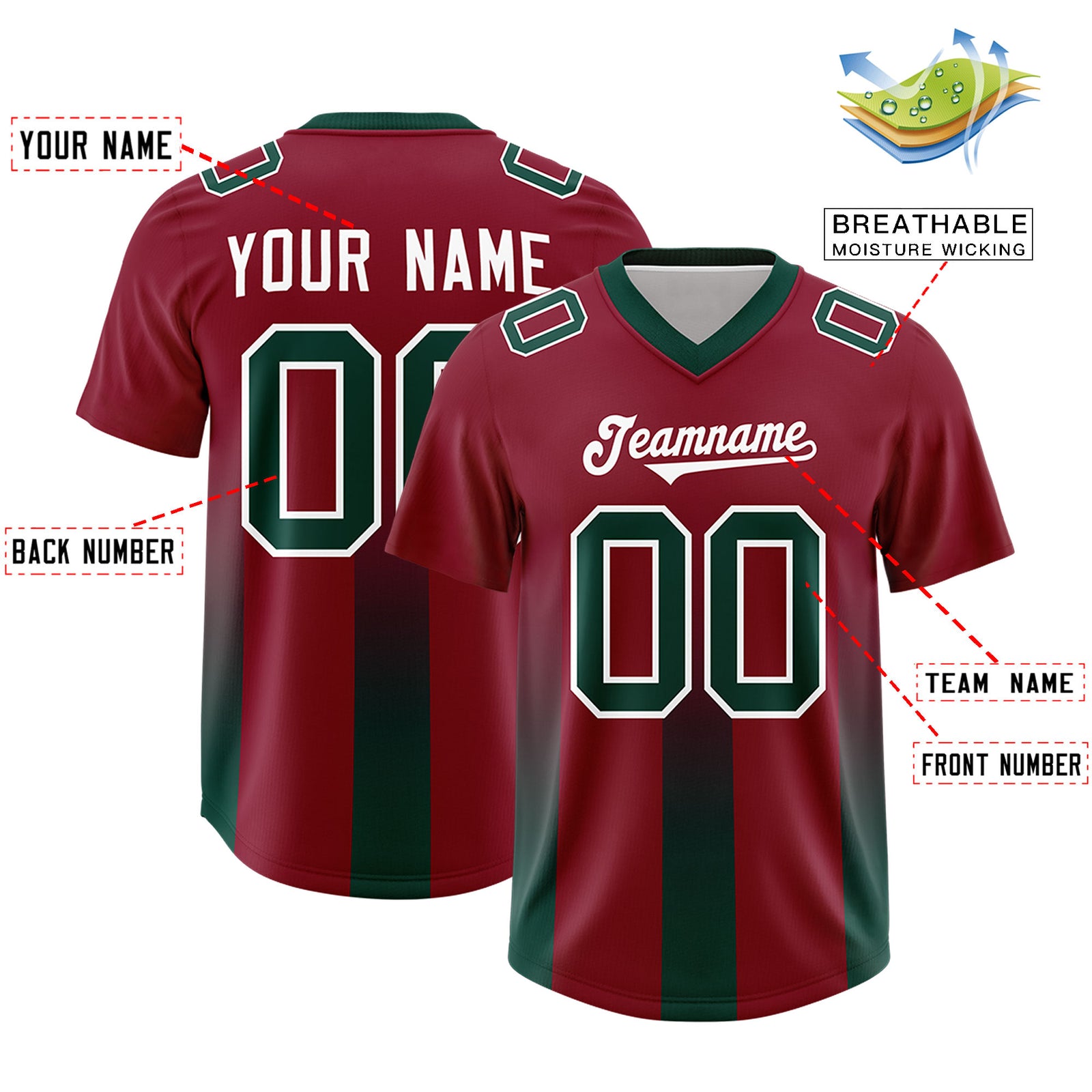 Custom Cardinal Midnight Green Vertical Width Stripe Gradient Fashion Personalized Team Football Jersey