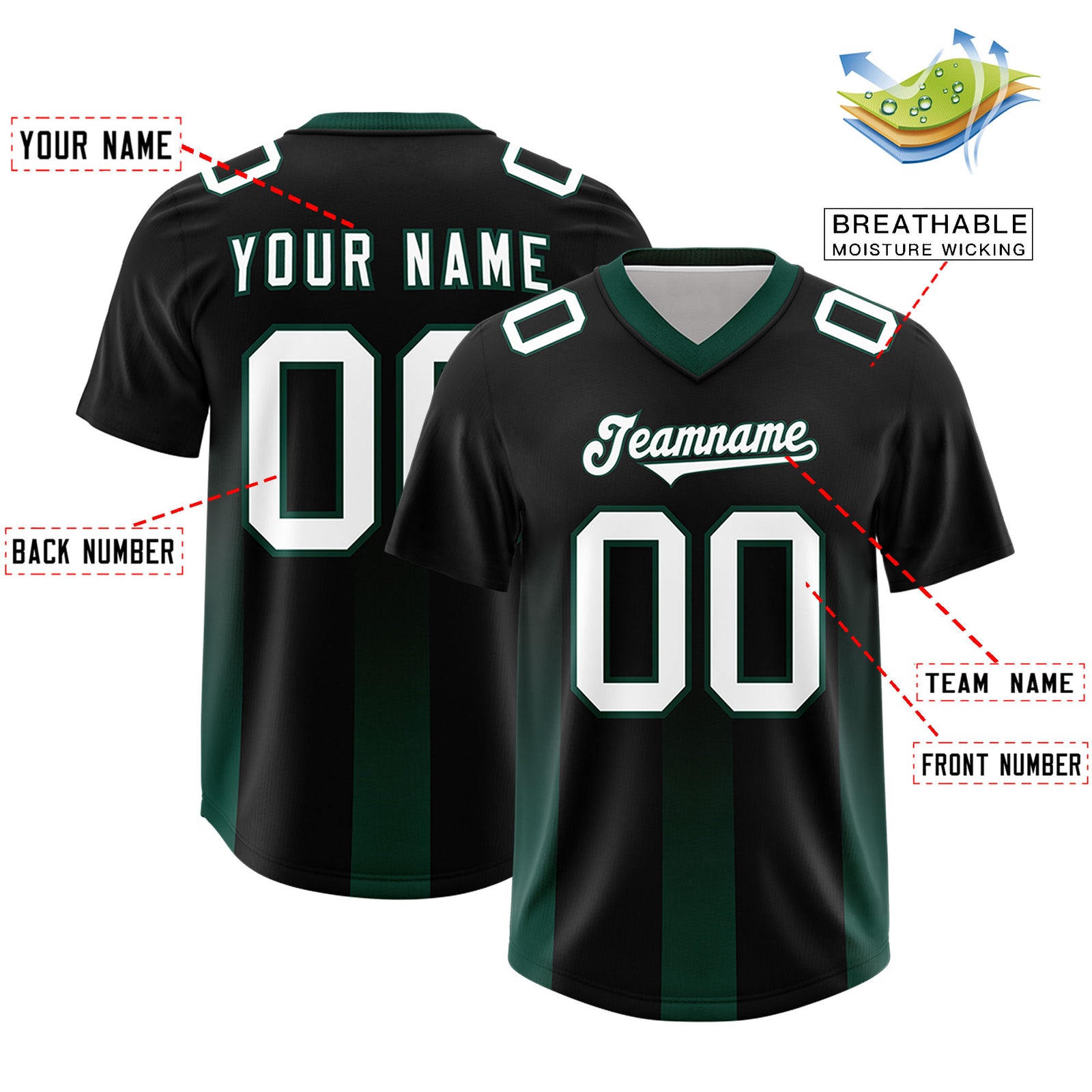 Custom Black Midnight Green Vertical Width Stripe Gradient Fashion Personalized Team Football Jersey