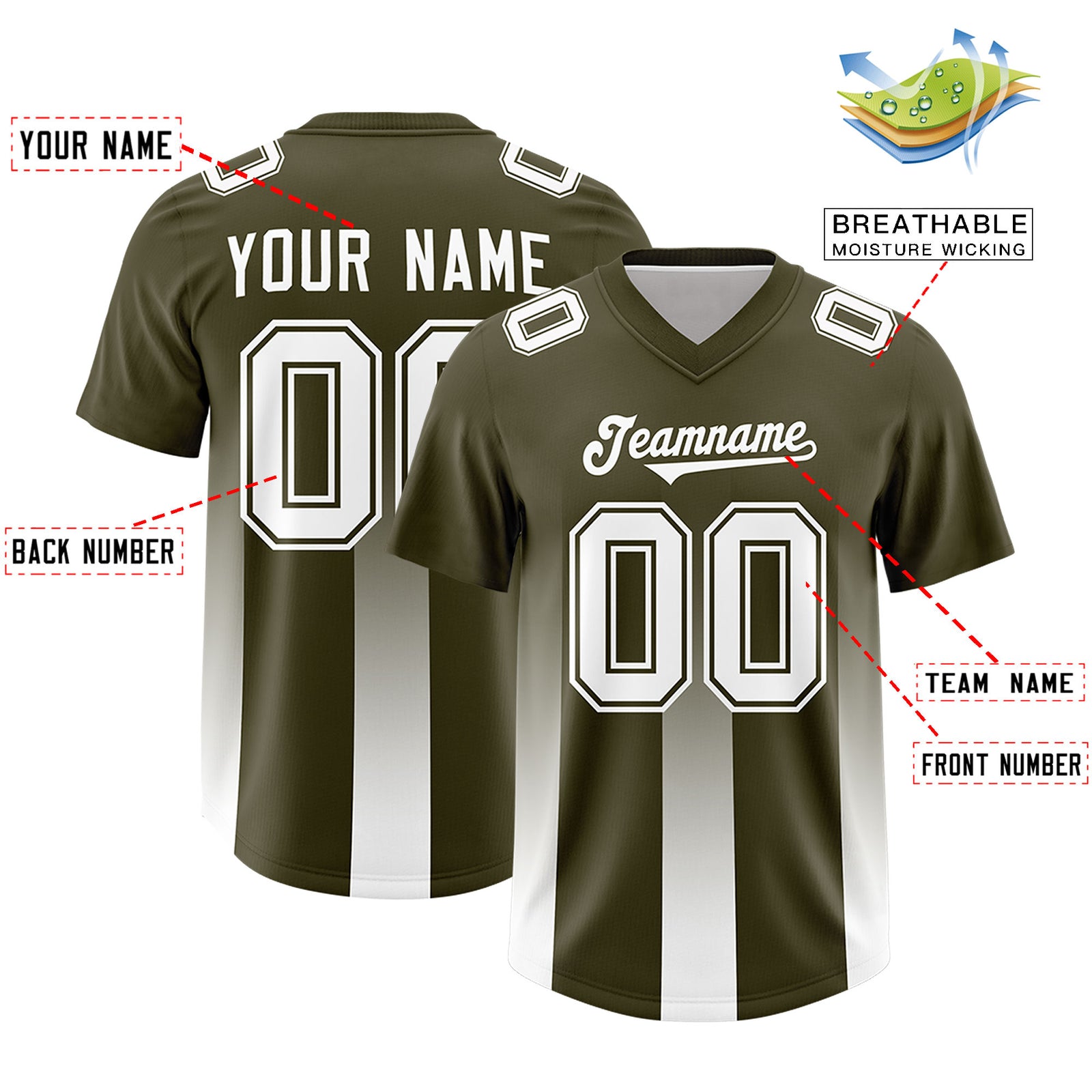 Custom Olive White Vertical Width Stripe Gradient Fashion Personalized Team Football Jersey