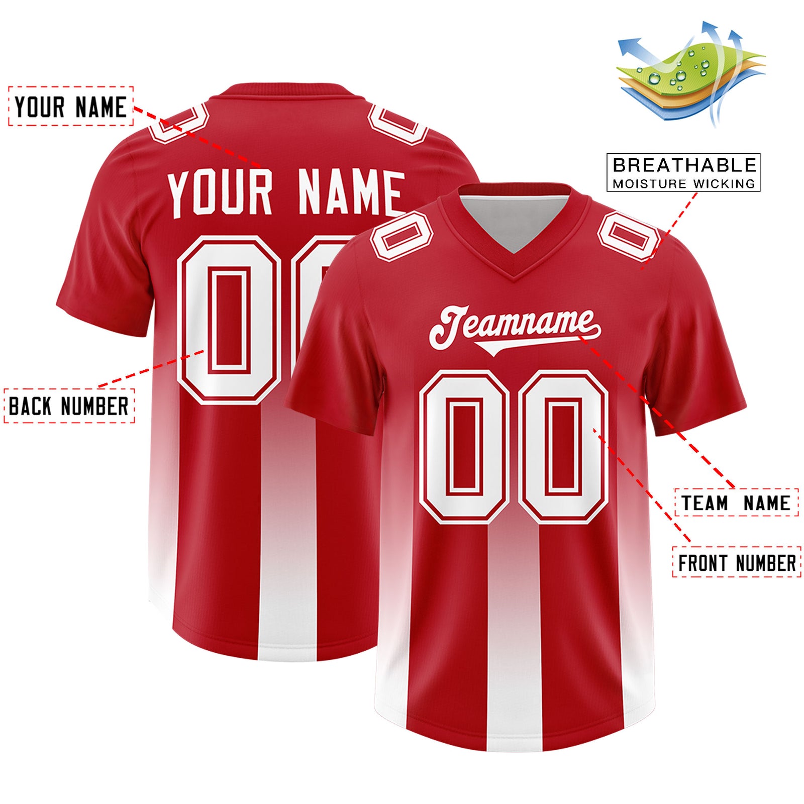 Custom Red White Vertical Width Stripe Gradient Fashion Personalized Team Football Jersey