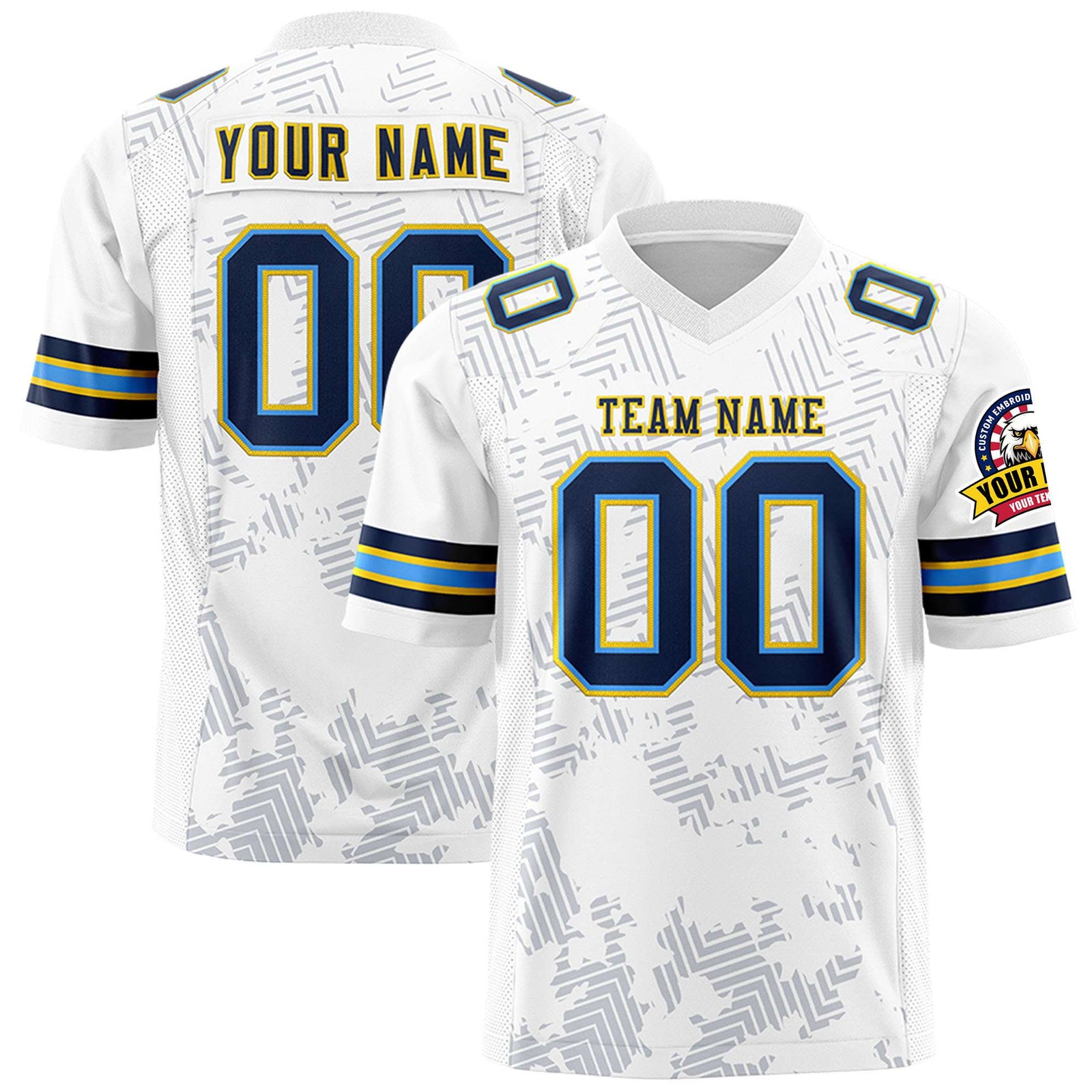 Custom White Navy-Gold Personalized Graffiti Line Design Authentic Football Jersey