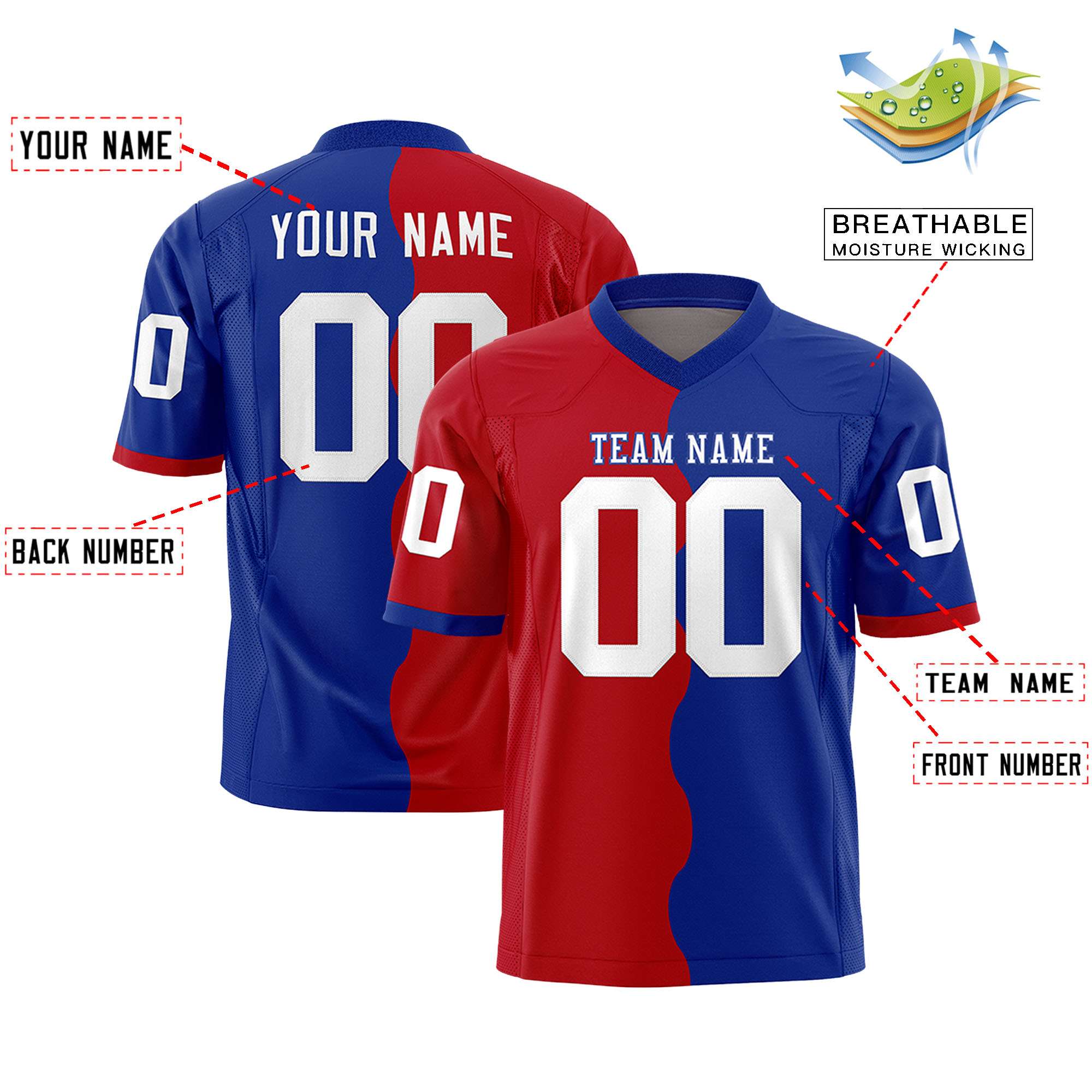 Custom Royal Red Split Fashion Mesh Authentic Football Jersey