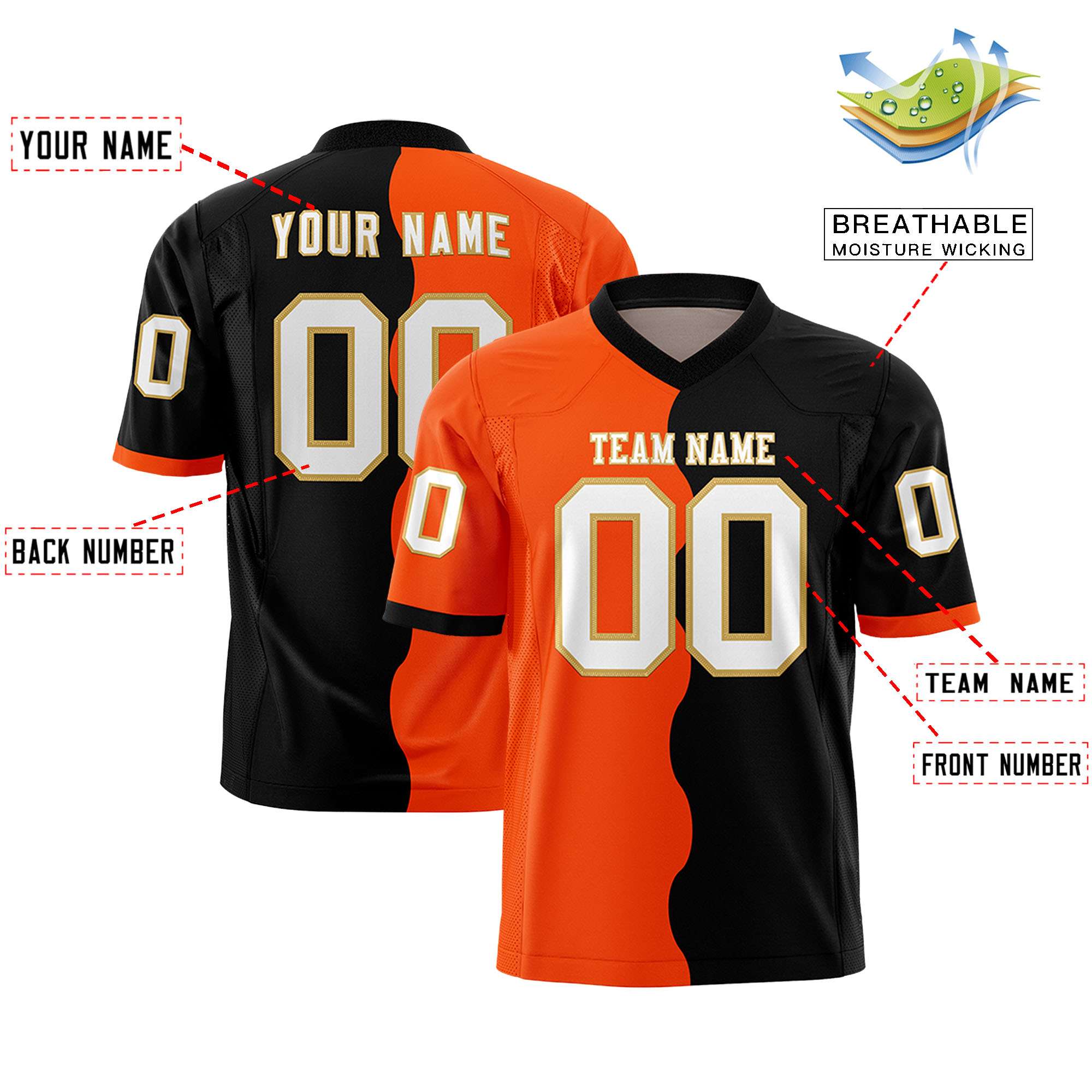Custom Black Orange Split Fashion Mesh Authentic Football Jersey