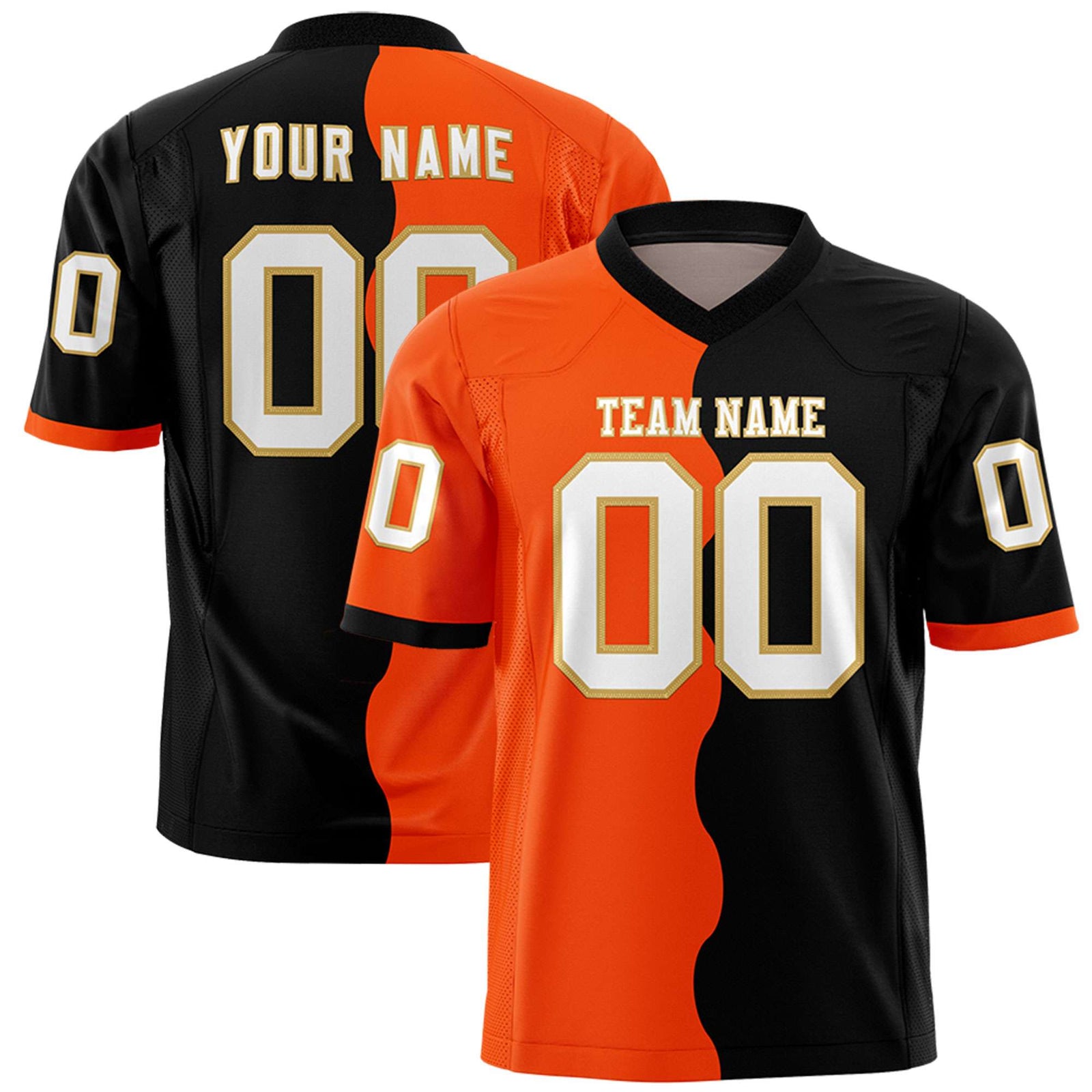 Custom Black Orange Split Fashion Mesh Authentic Football Jersey