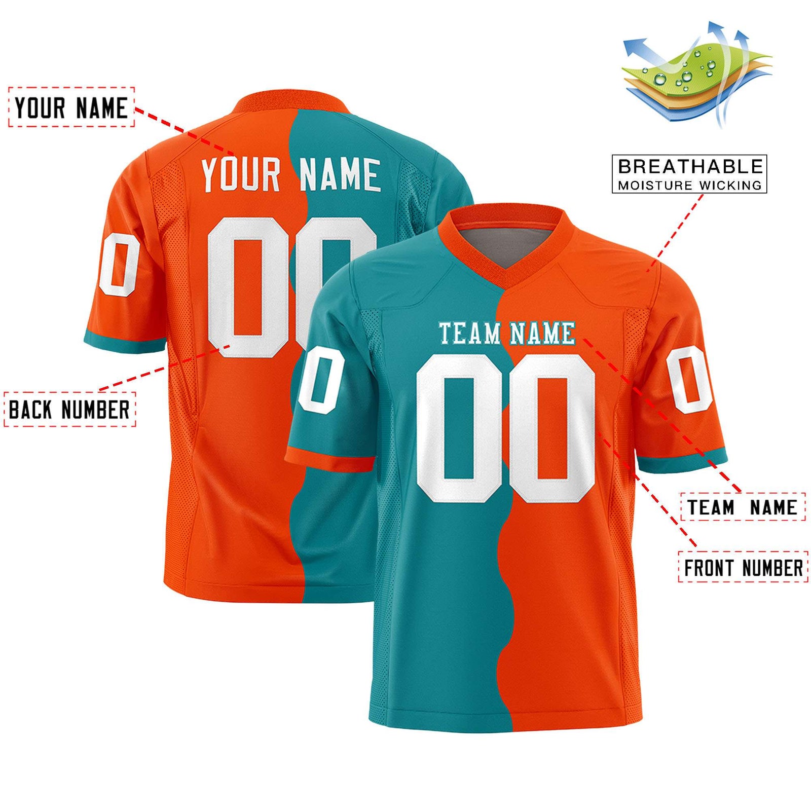 Custom Orange Aqua Split Fashion Mesh Authentic Football Jersey