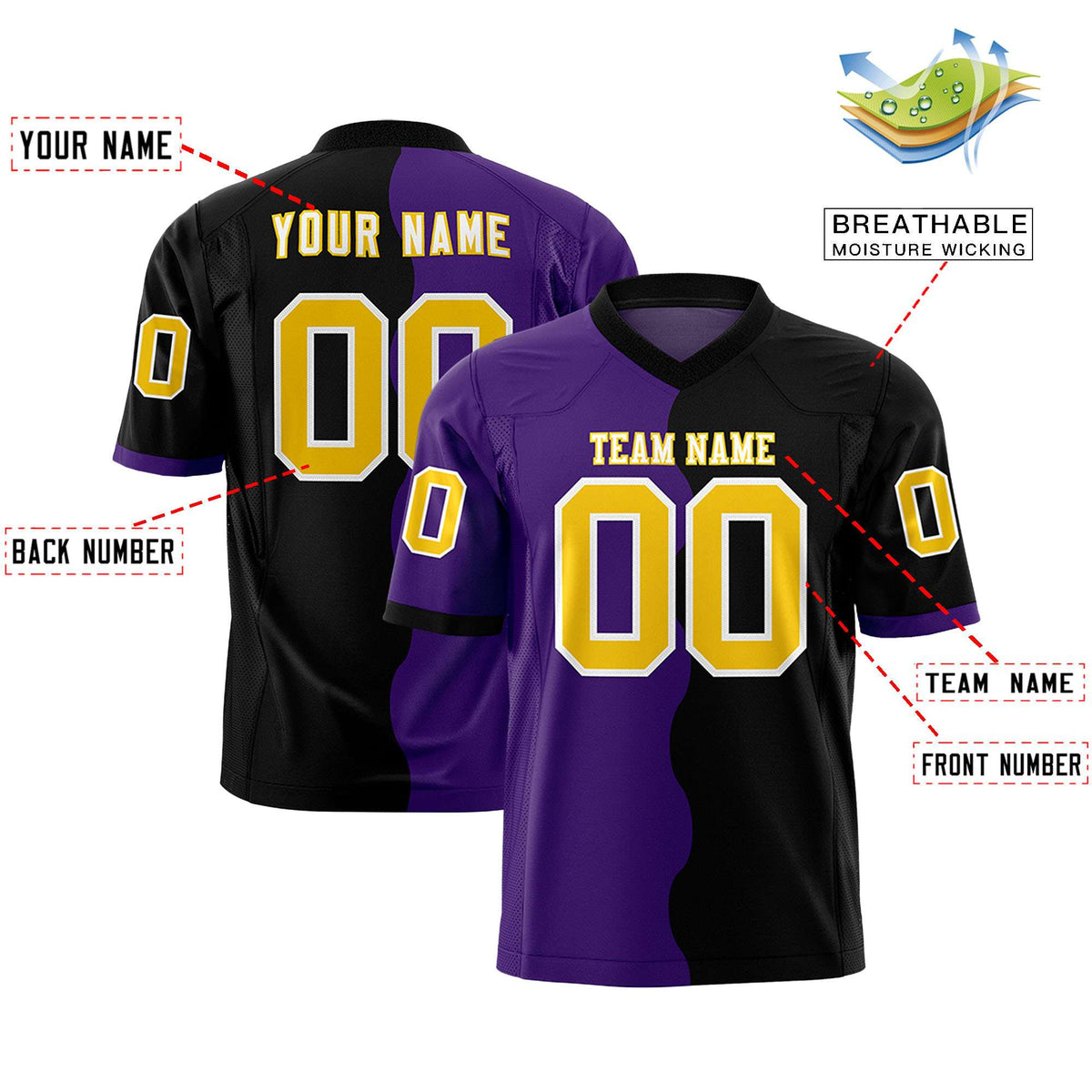 Custom Black Purple Split Fashion Mesh Authentic Football Jersey