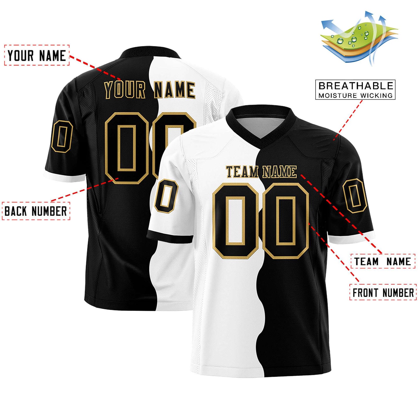 Custom Black White Split Fashion Mesh Authentic Football Jersey