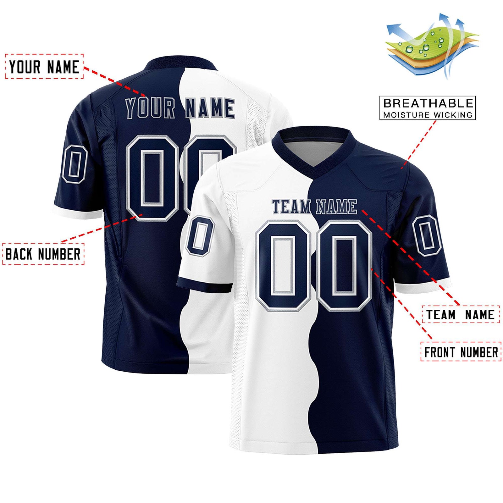 Custom Navy White Split Fashion Mesh Authentic Football Jersey