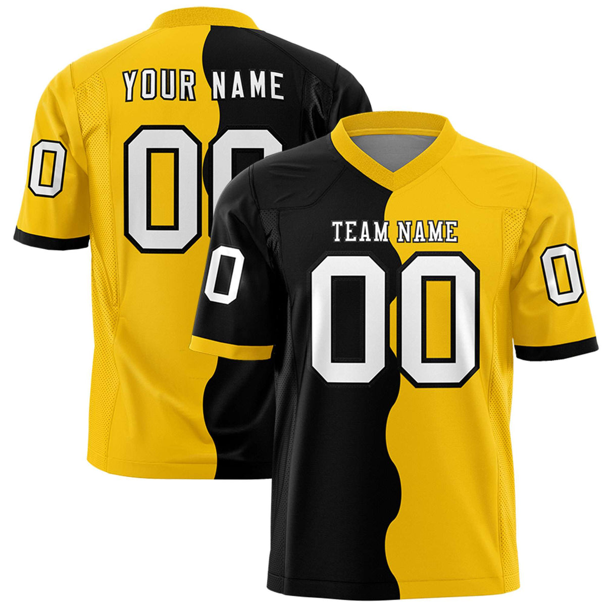 Custom Gold Black Split Fashion Mesh Authentic Football Jersey