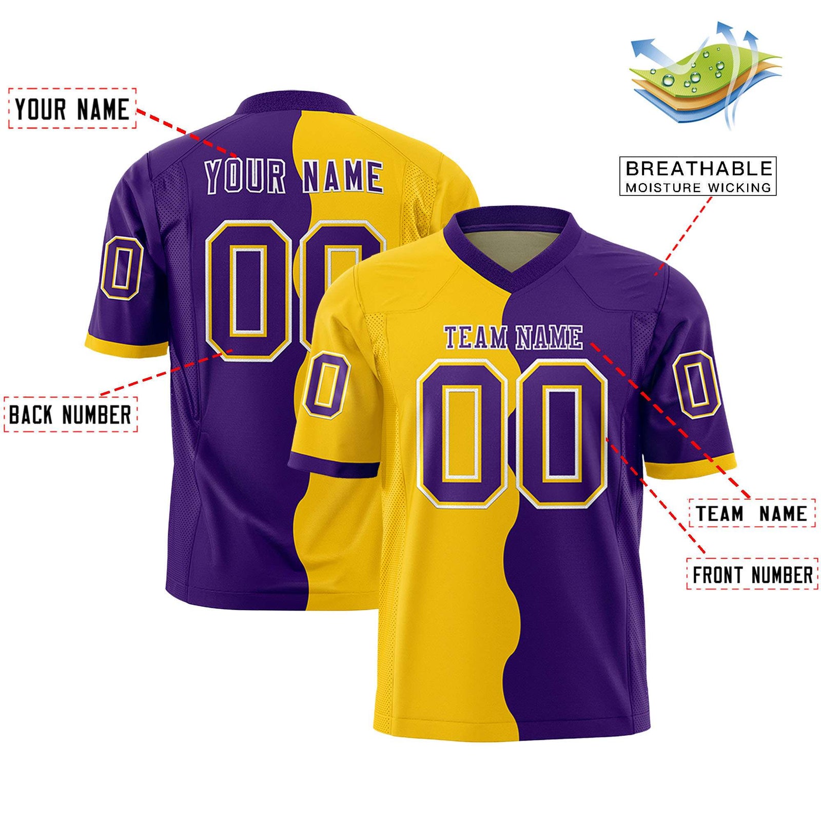 Custom Purple Gold Split Fashion Mesh Authentic Football Jersey