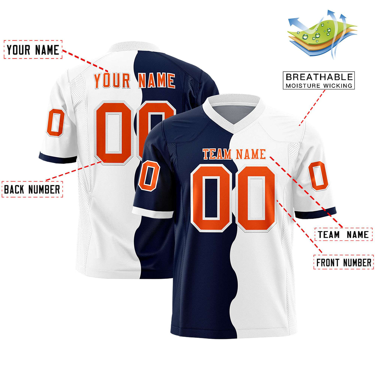 Custom White Navy Split Fashion Mesh Authentic Football Jersey
