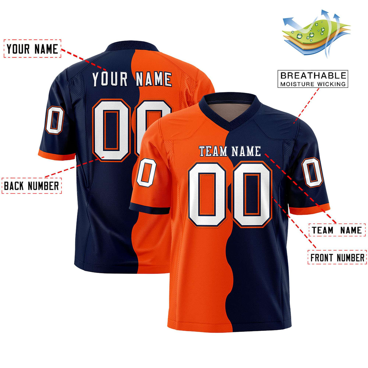 Custom Navy Orange Split Fashion Mesh Authentic Football Jersey