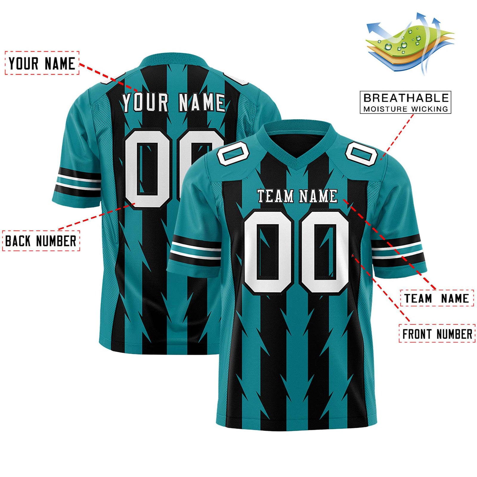 Custom Black and Aqua Graffiti Pattern Practice Flag Football Jerseys For Youth & Mens| KXKSHOP