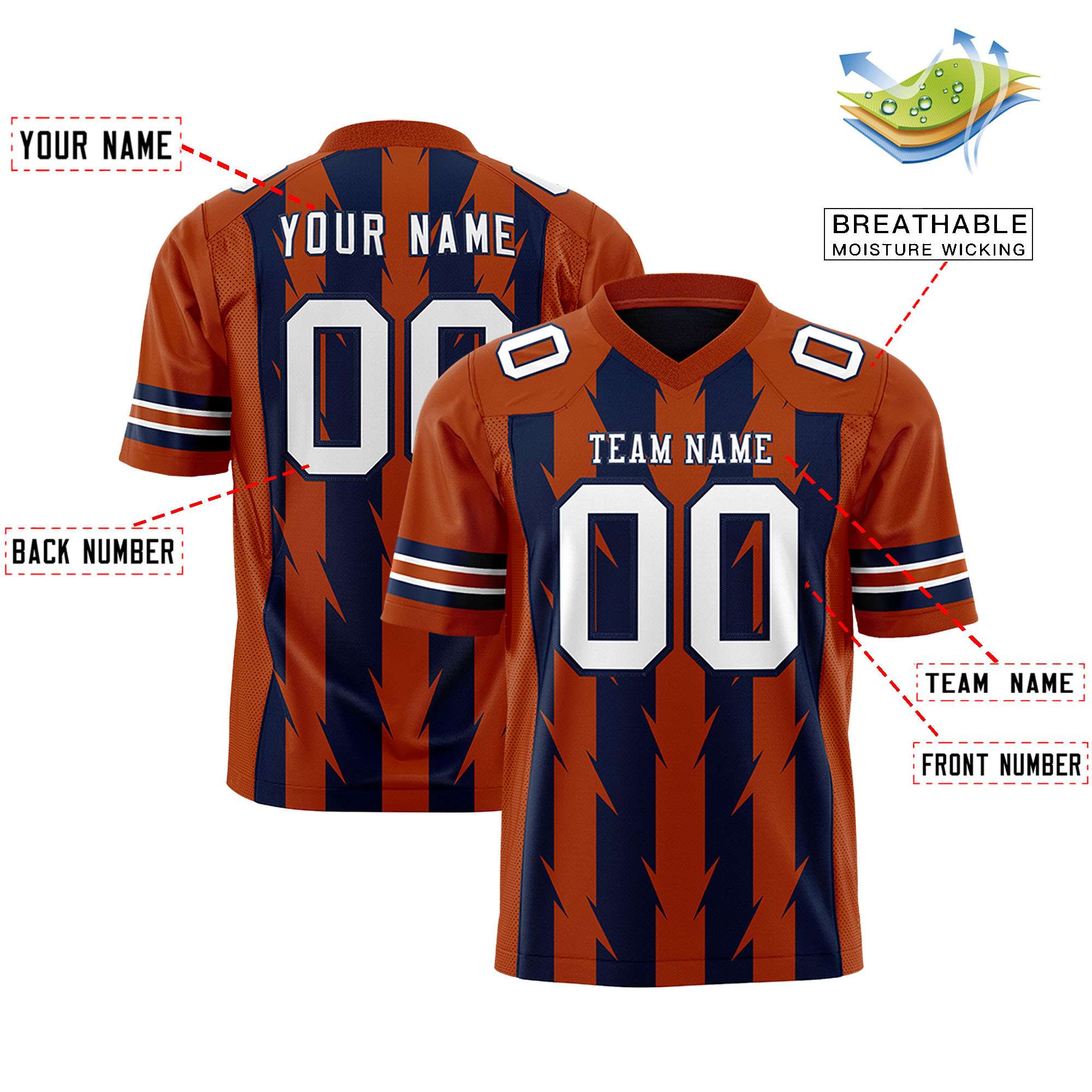 Custom Navy and Texas Orange Graffiti Pattern Practice Flag Football Jerseys For Youth & Mens| KXKSHOP