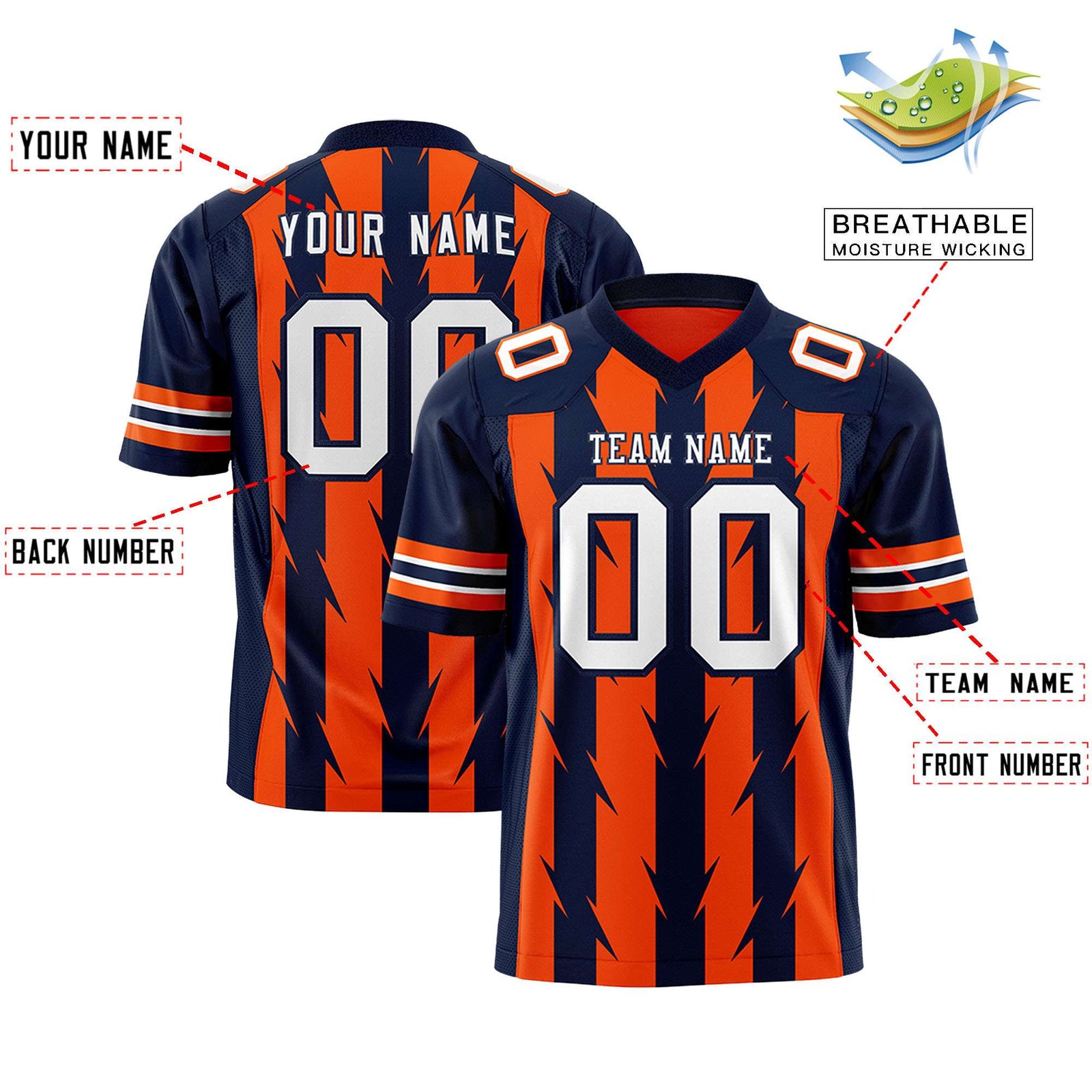 Custom Orange and Navy Graffiti Pattern Practice Flag Football Jerseys For Youth & Mens| KXKSHOP