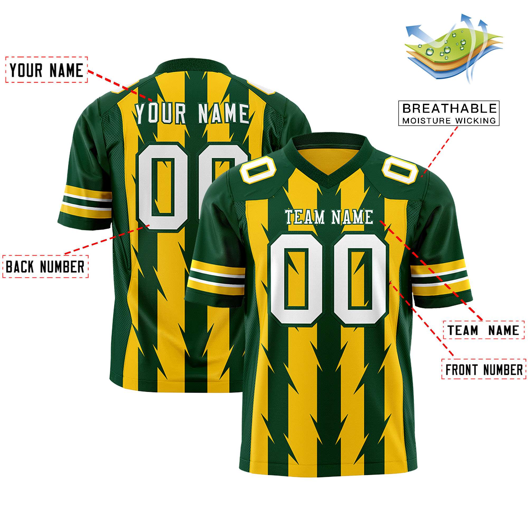 Custom Gold and Green Graffiti Pattern Practice Flag Football Jerseys For Youth & Mens| KXKSHOP