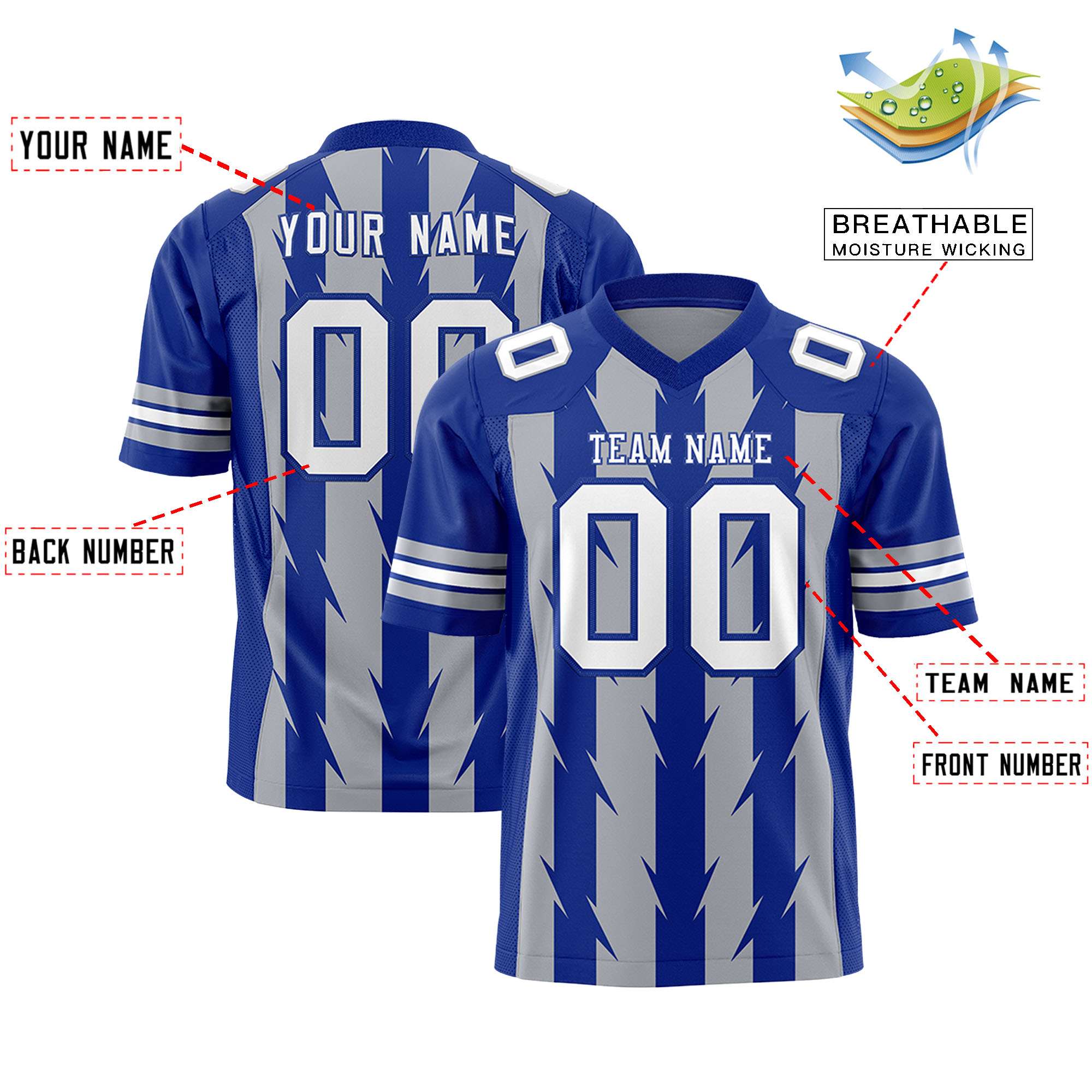 Custom Gray and Royal Graffiti Pattern Practice Flag Football Jerseys For Youth & Mens| KXKSHOP
