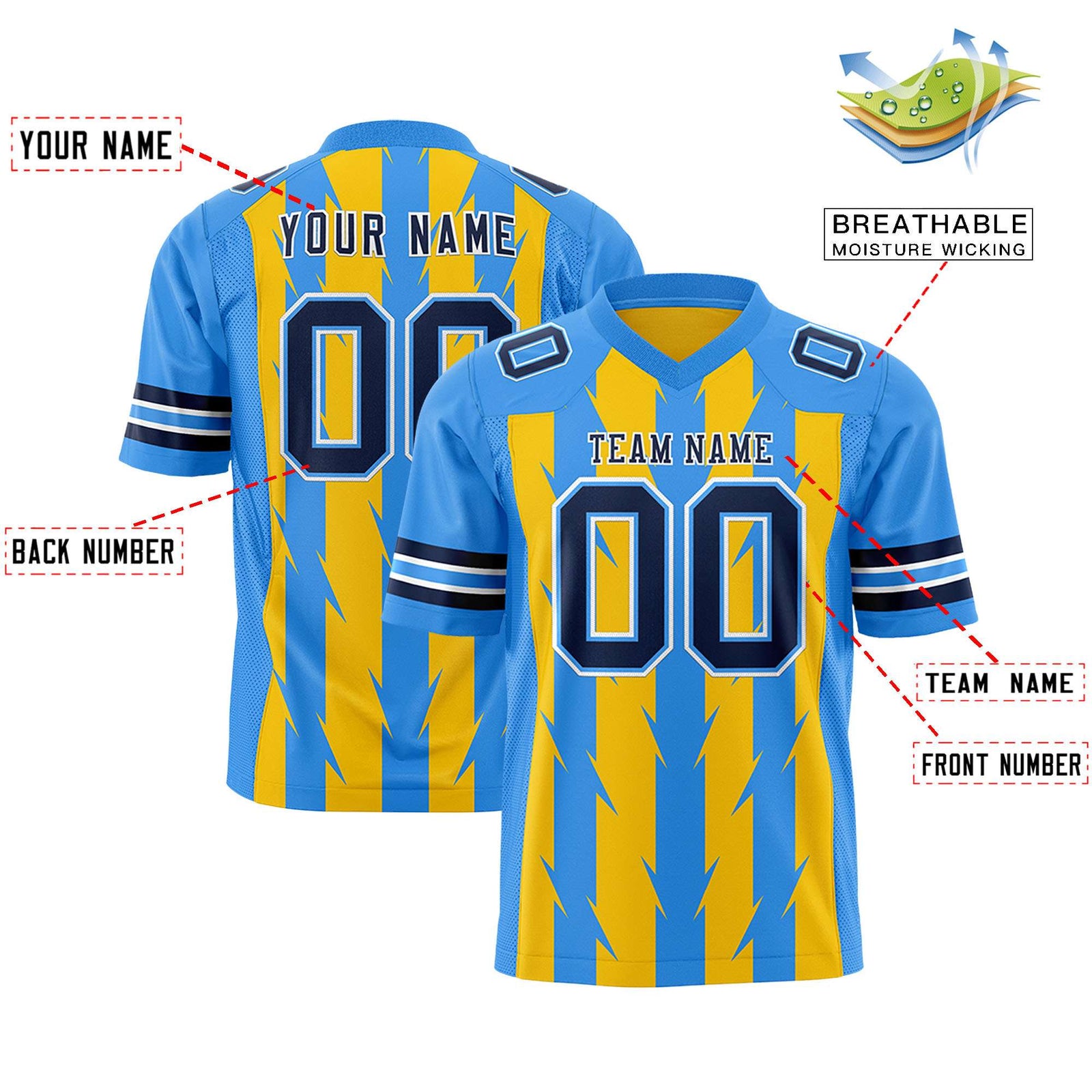 Custom Gold and Powder Blue Graffiti Pattern Practice Flag Football Jerseys For Youth & Mens| KXKSHOP