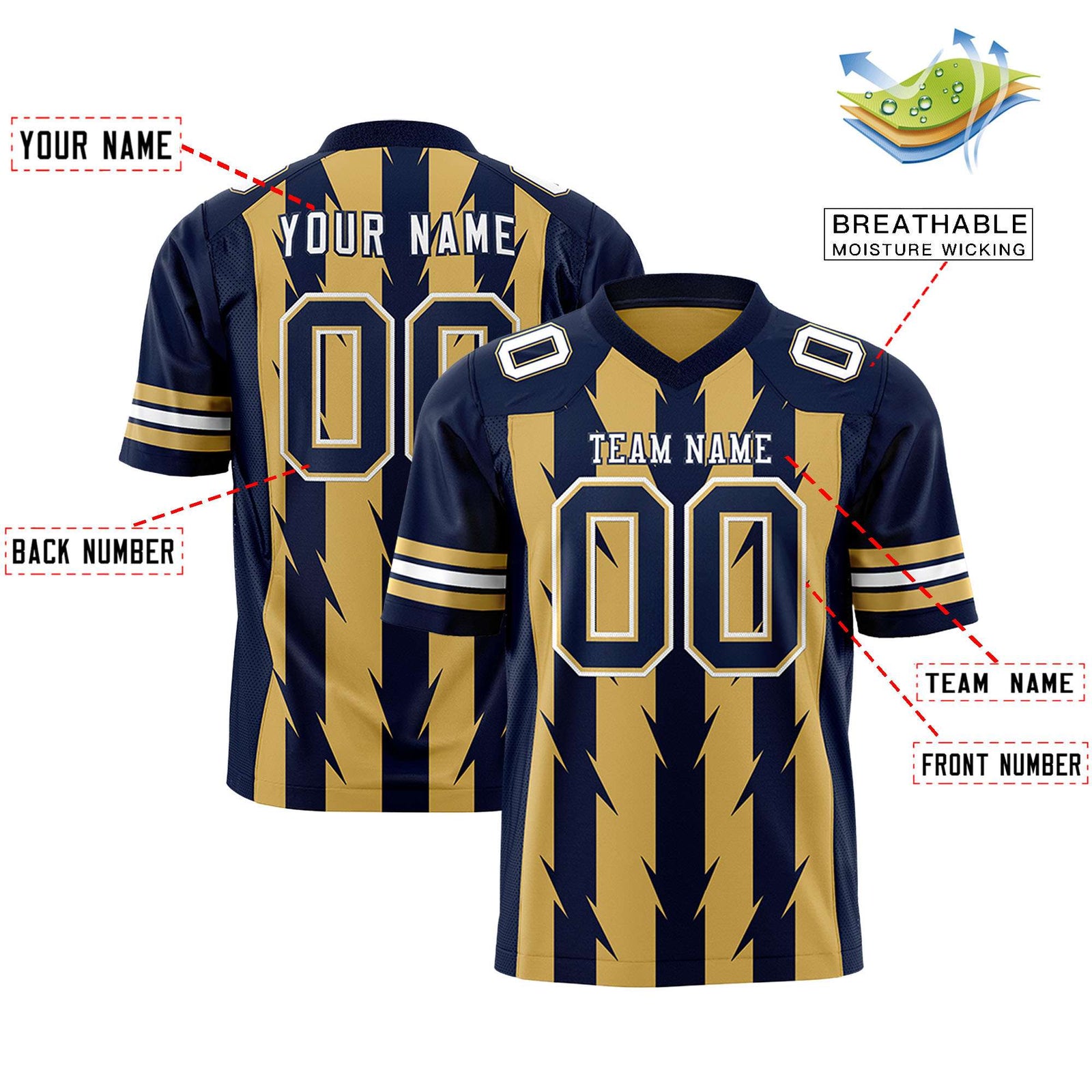 Custom Old Gold and Navy Graffiti Pattern Practice Flag Football Jerseys For Youth & Mens| KXKSHOP
