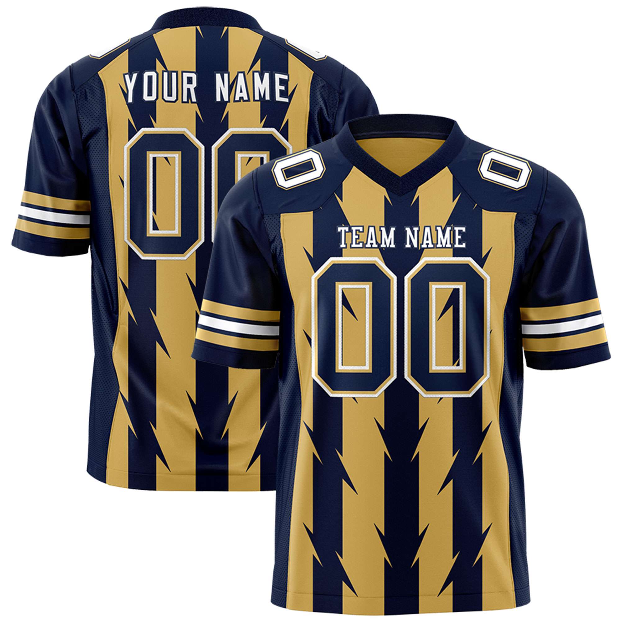 Custom Old Gold Navy Personalized Razr Stripe Graffiti Pattern Authentic Football Jersey