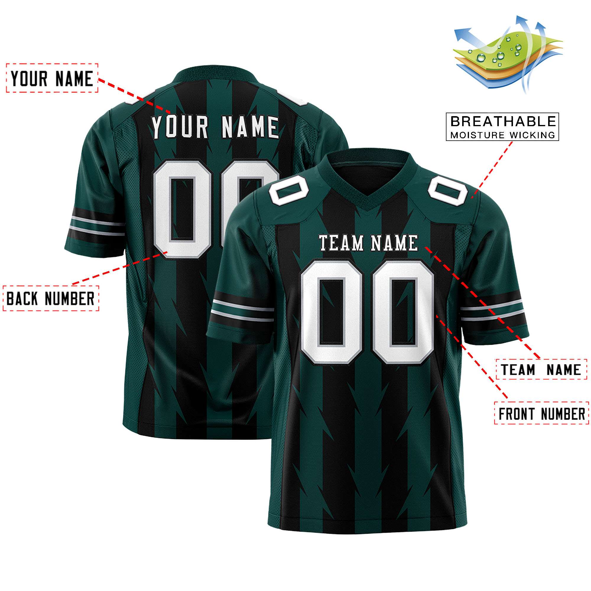 Custom Black and Midnight Green Graffiti Pattern Practice Flag Football Jerseys For Youth & Mens| KXKSHOP