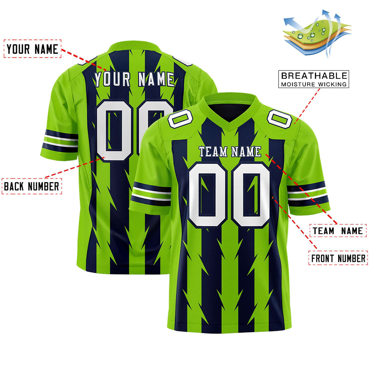 Custom Navy and Neon Green Graffiti Pattern Practice Flag Football Jerseys For Youth &amp; Mens| KXKSHOP