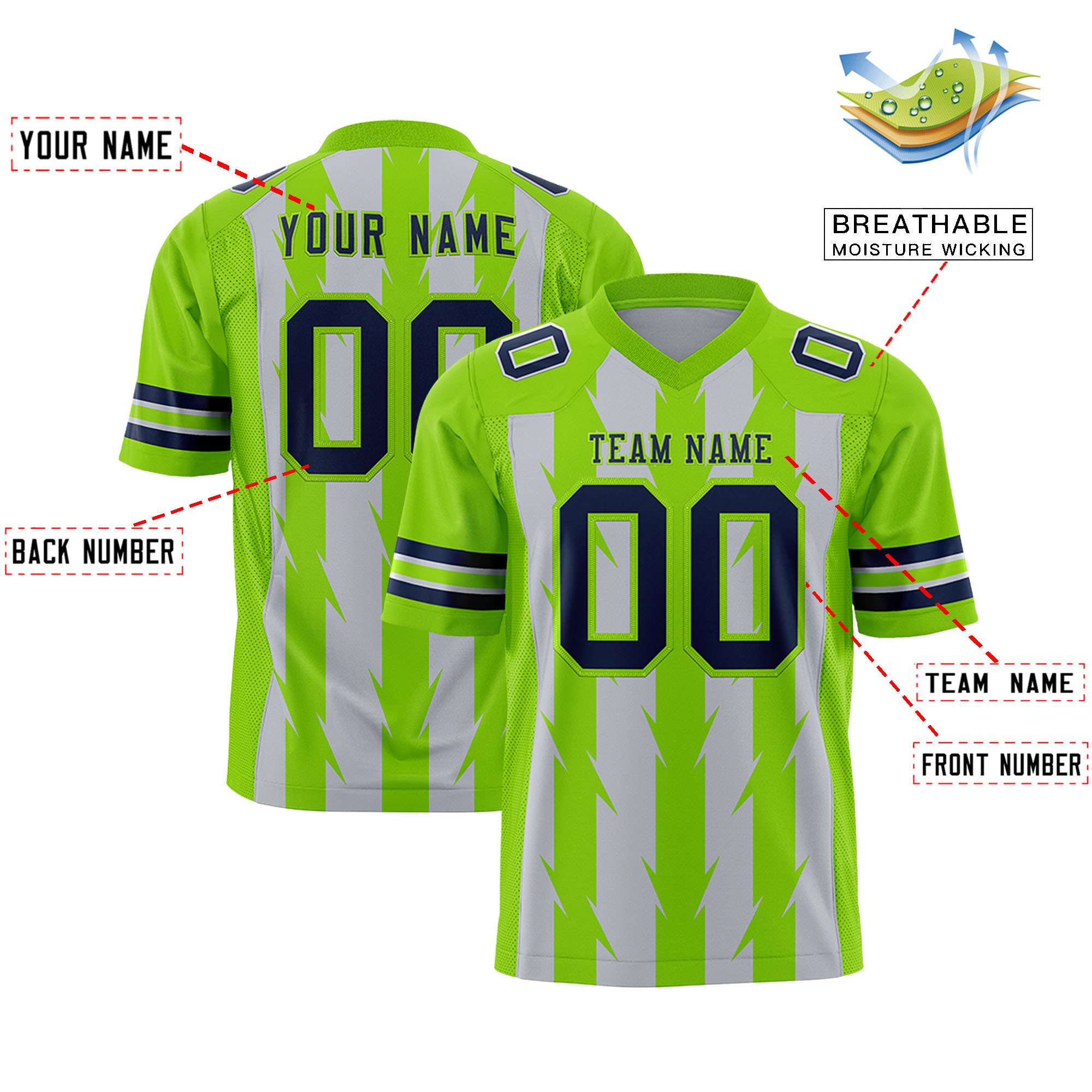 Custom Gray and Neon Green Graffiti Pattern Practice Flag Football Jerseys For Youth & Mens| KXKSHOP