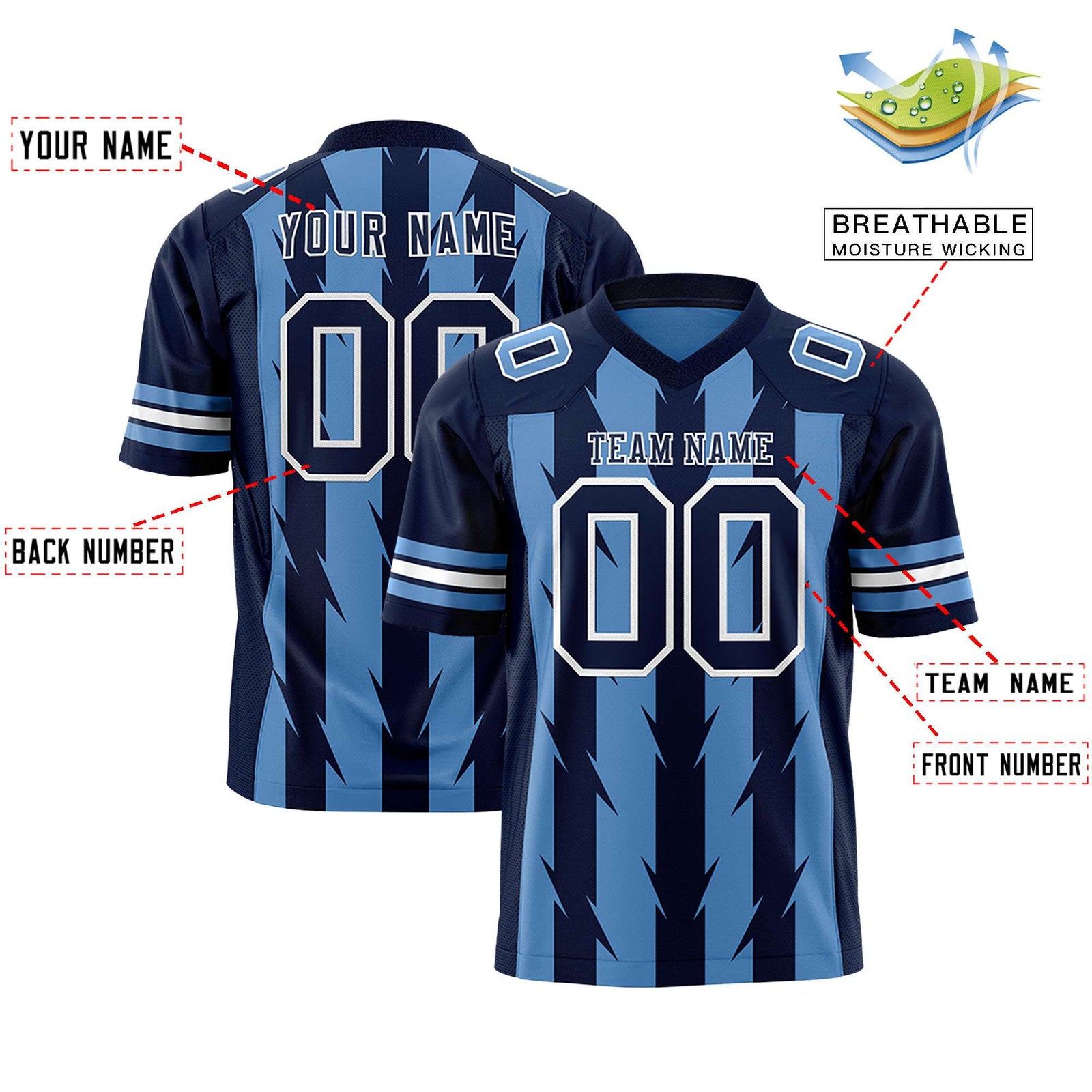 Custom Light Blue and Navy Graffiti Pattern Practice Flag Football Jerseys For Youth & Mens| KXKSHOP